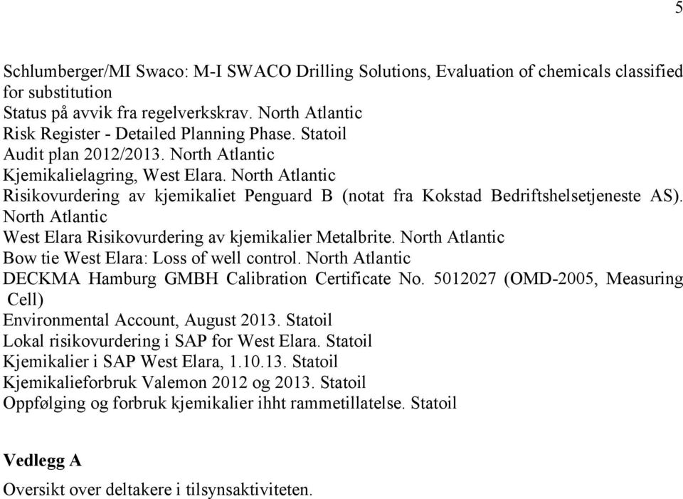 North Atlantic West Elara Risikovurdering av kjemikalier Metalbrite. North Atlantic Bow tie West Elara: Loss of well control. North Atlantic DECKMA Hamburg GMBH Calibration Certificate No.