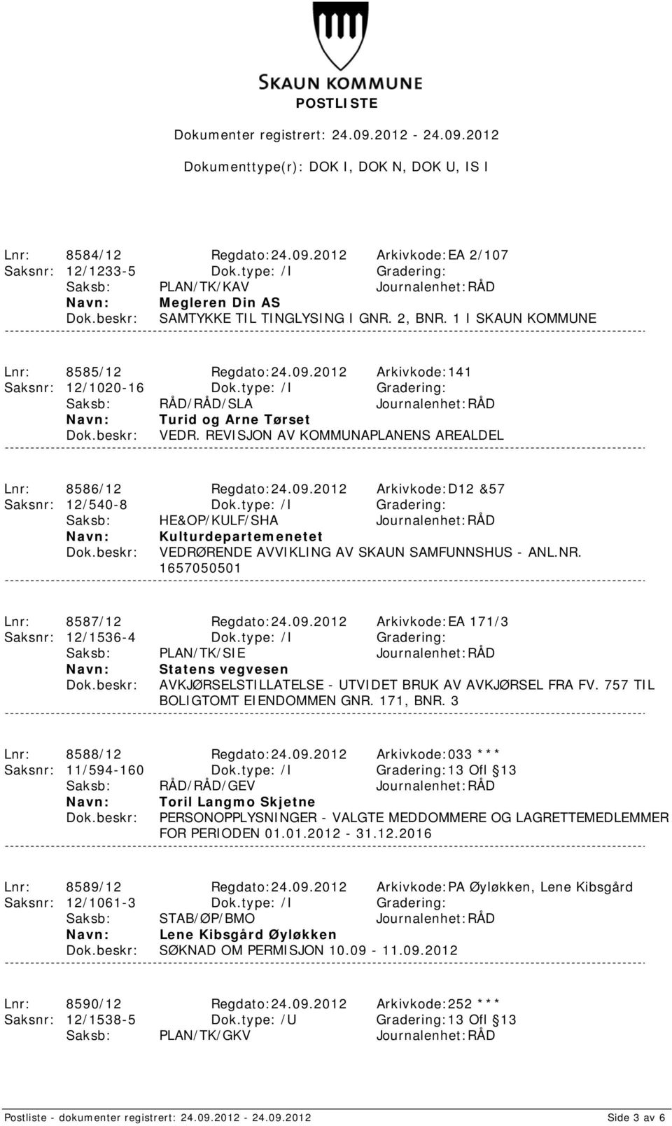 REVISJON AV KOMMUNAPLANENS AREALDEL Lnr: 8586/12 Regdato:24.09.2012 Arkivkode:D12 &57 Saksnr: 12/540-8 Dok.