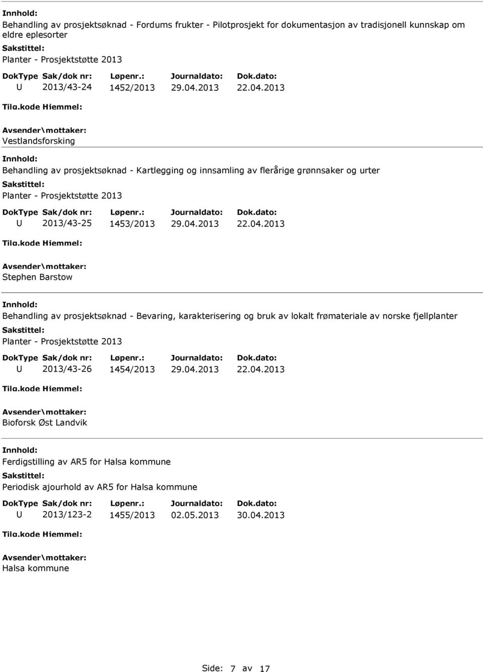 2013 Vestlandsforsking Behandling av prosjektsøknad - Kartlegging og innsamling av flerårige grønnsaker og urter Planter - Prosjektstøtte 2013 2013/43-25 1453/2013 22.04.