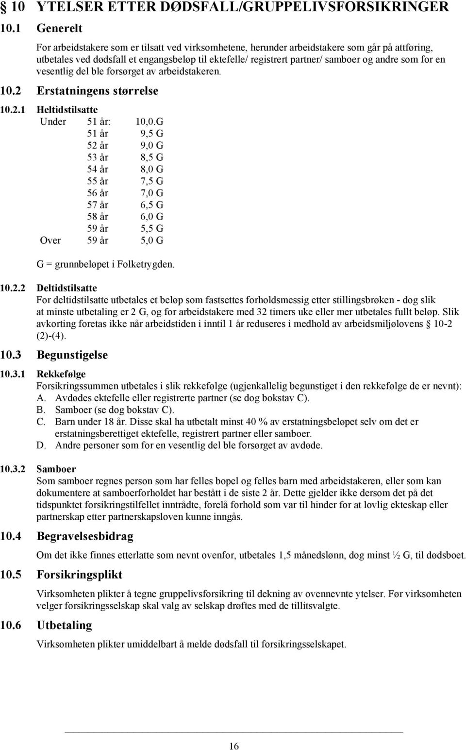 som for en vesentlig del ble forsørget av arbeidstakeren. 10.2 Erstatningens størrelse 10.2.1 Heltidstilsatte Under 51 år: 10,0.