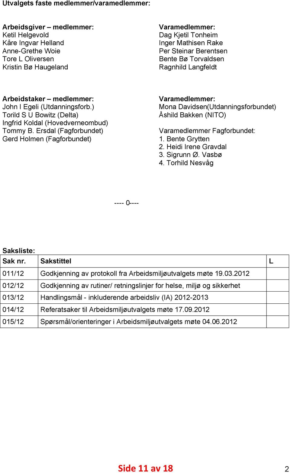 Ersdal (Fagforbundet) Gerd Holmen (Fagforbundet) Varamedlemmer: Mona Davidsen(Utdanningsforbundet) Åshild Bakken (NITO) Varamedlemmer Fagforbundet: 1. Bente Grytten 2. Heidi Irene Gravdal 3.