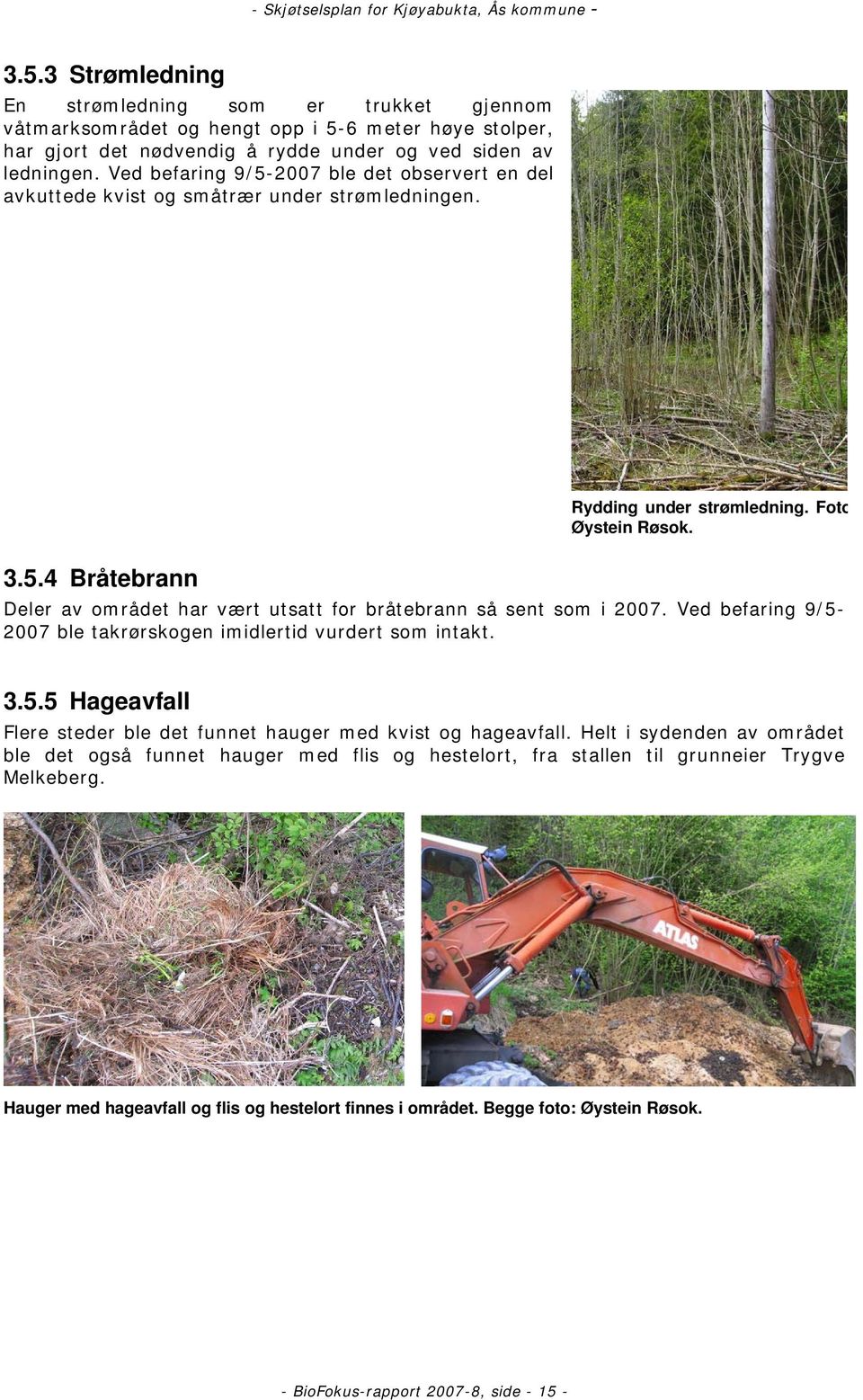 Ved befaring 9/5-2007 ble takrørskogen imidlertid vurdert som intakt. 3.5.5 Hageavfall Flere steder ble det funnet hauger med kvist og hageavfall.