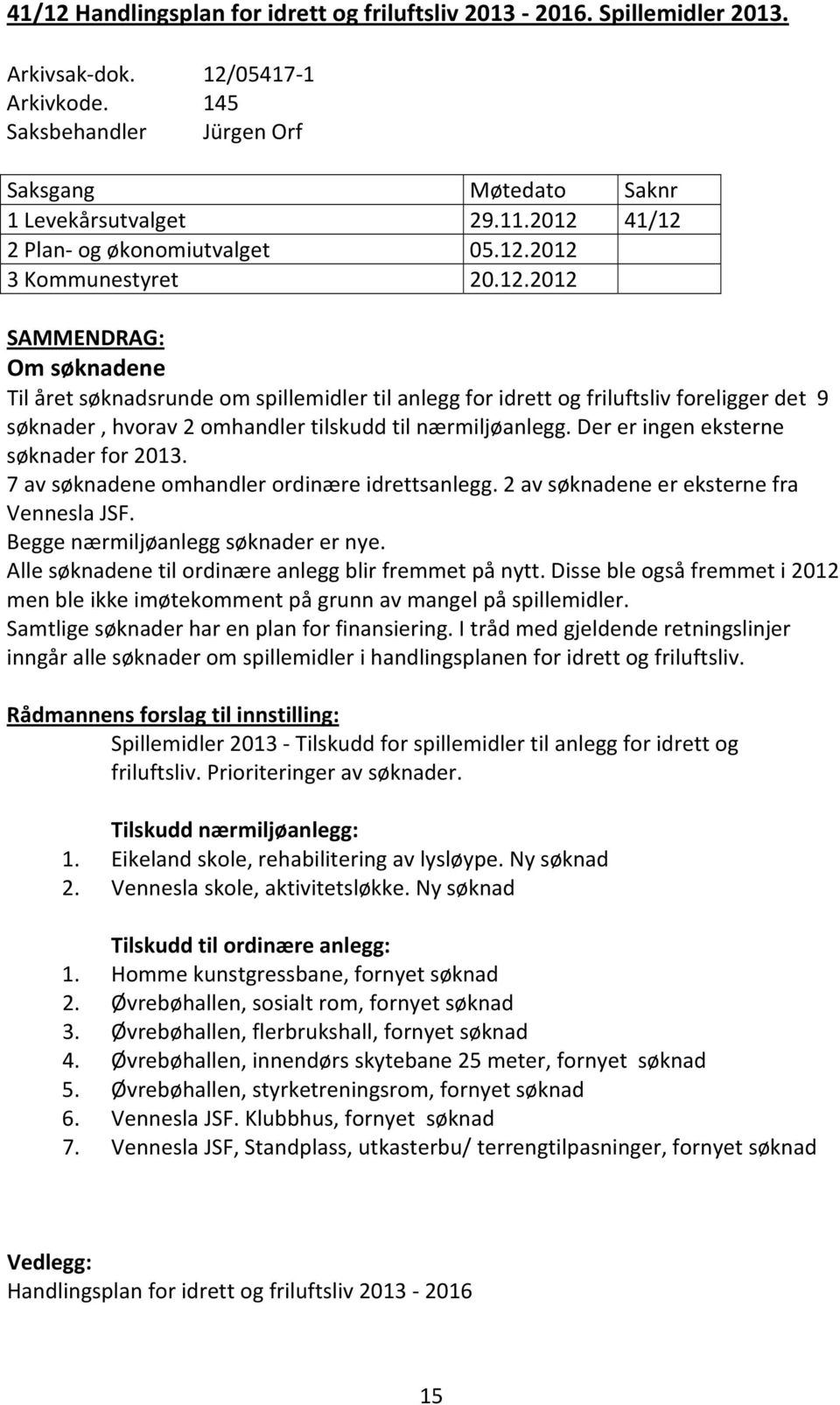 Der er ingen eksterne søknader for 2013. 7 av søknadene omhandler ordinære idrettsanlegg. 2 av søknadene er eksterne fra Vennesla JSF. Begge nærmiljøanlegg søknader er nye.