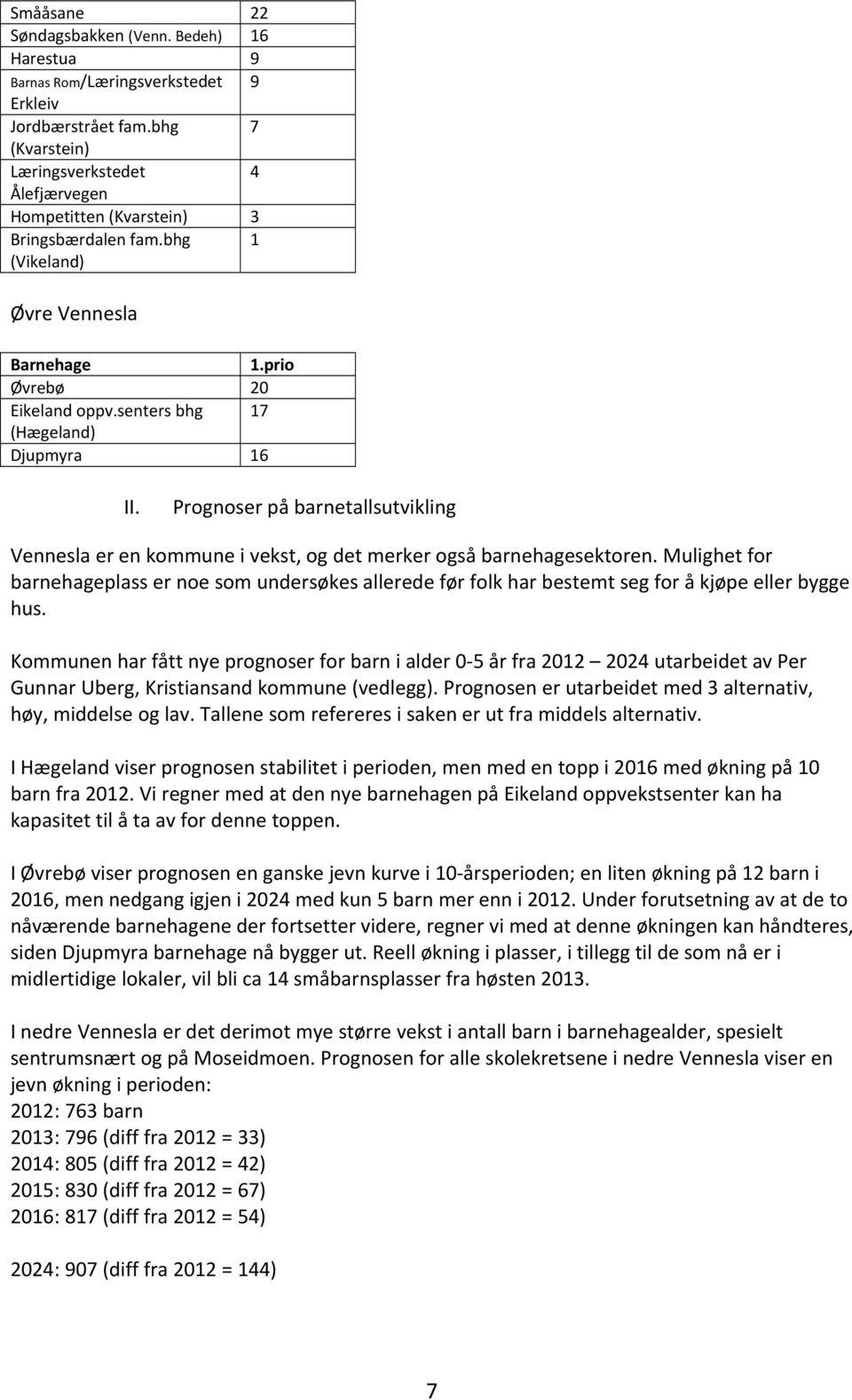 senters bhg 17 (Hægeland) Djupmyra 16 II. Prognoser på barnetallsutvikling Vennesla er en kommune i vekst, og det merker også barnehagesektoren.