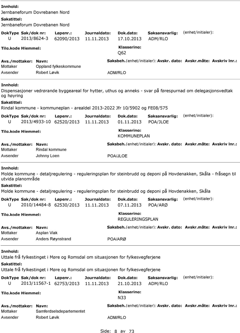 kommuneplan - arealdel 2013-2022 Jfr 10/5902 og FE08/575 2013/4933-10 62520/2013 POA/JLOE KOMMNEPLAN Avs./mottaker: Navn: Saksbeh. Avskr. dato: Avskr.måte: Avskriv lnr.