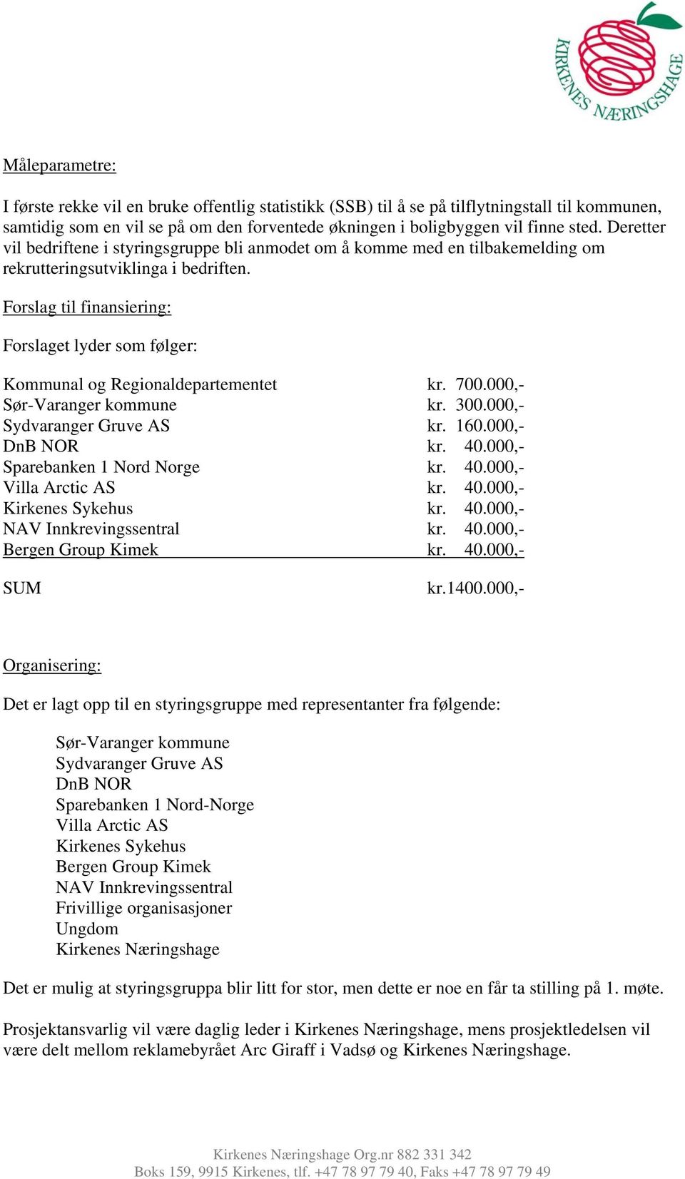 Forslag til finansiering: Forslaget lyder som følger: Kommunal og Regionaldepartementet Sør-Varanger kommune Sydvaranger Gruve AS DnB NOR Sparebanken 1 Nord Norge Villa Arctic AS Kirkenes Sykehus NAV