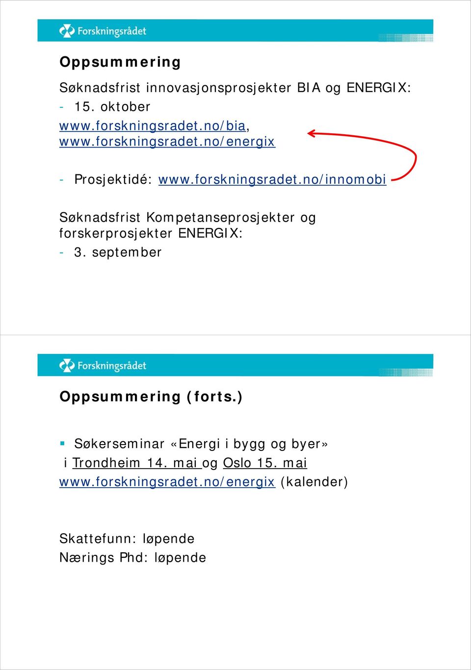 september Oppsummering (ts.) Søkerseminar «Energi i bygg og byer» i Trondheim 14. mai og Oslo 15. mai www.