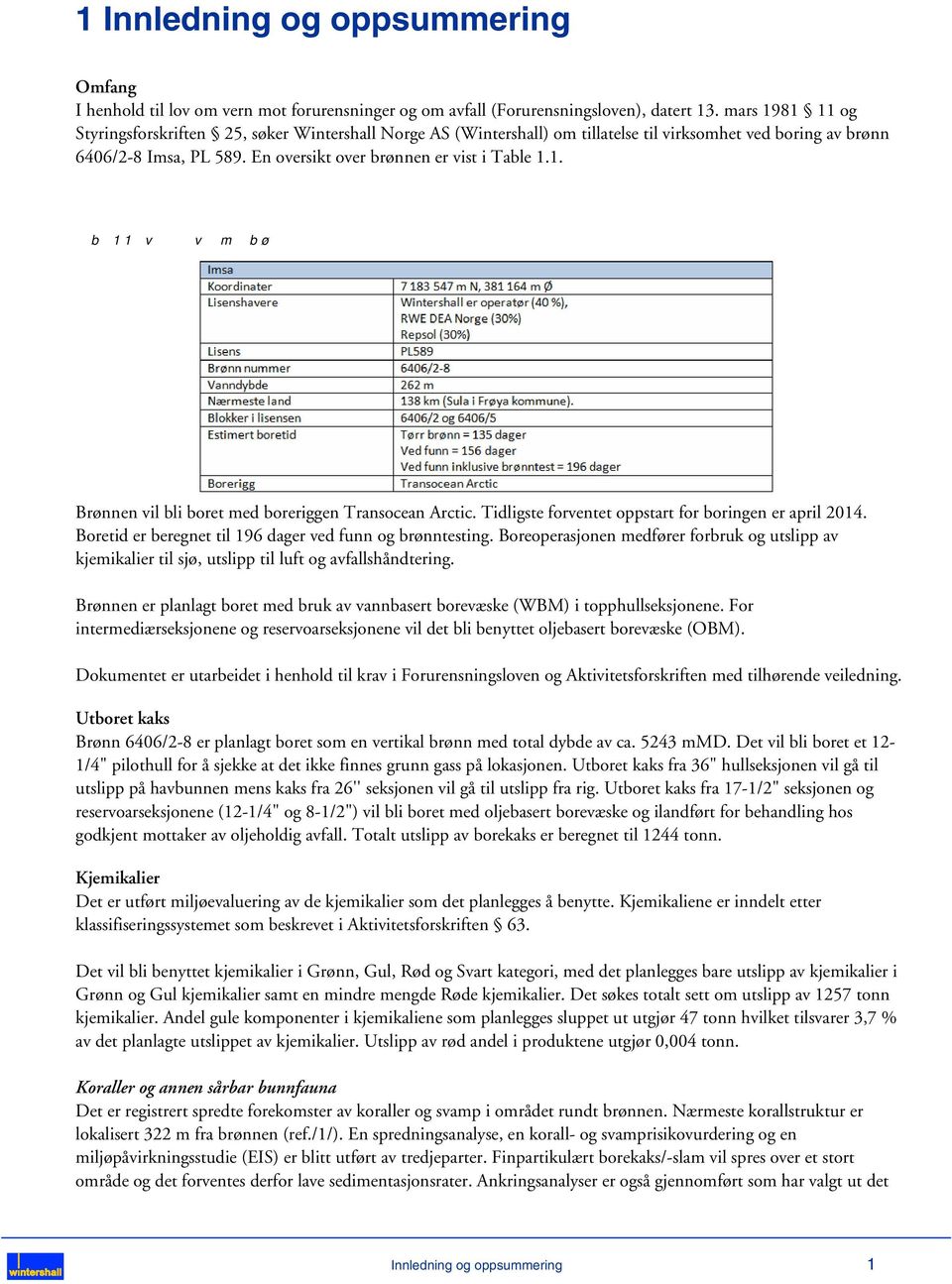 1. Table 1.1 Oversikt over Imsa brønnen. Brønnen vil bli boret med boreriggen Transocean Arctic. Tidligste forventet oppstart for boringen er april 2014.