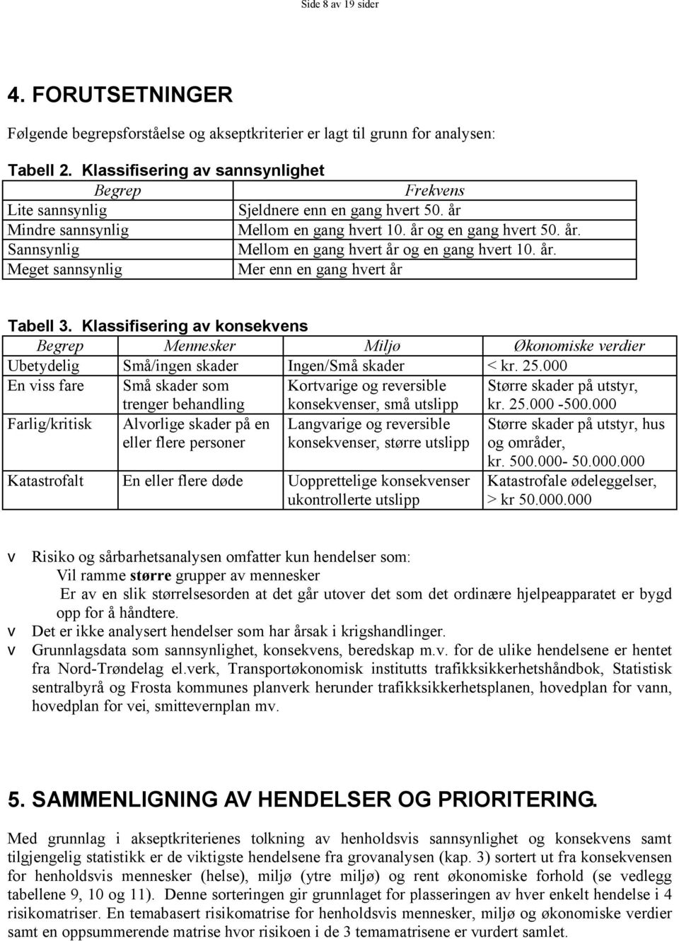 år. Meget sannsynlig Mer enn en gang hvert år Tabell 3. Klassifisering av konsekvens Begrep Mennesker Miljø Økonomiske verdier Ubetydelig Små/ingen skader Ingen/Små skader < kr. 25.