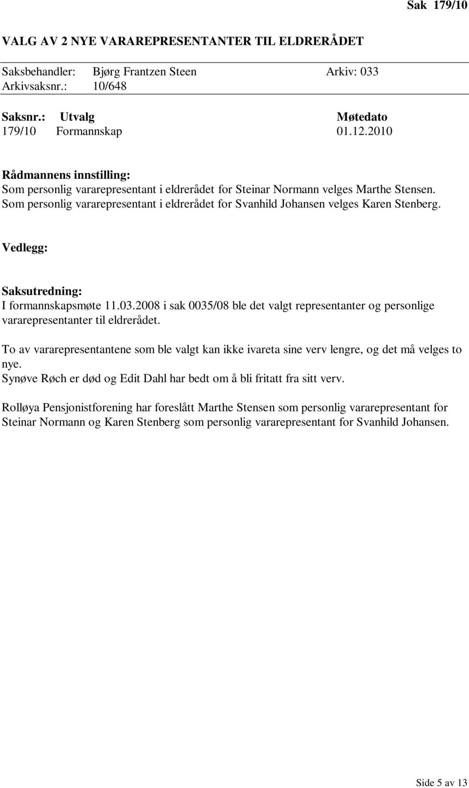 I formannskapsmøte 11.03.2008 i sak 0035/08 ble det valgt representanter og personlige vararepresentanter til eldrerådet.