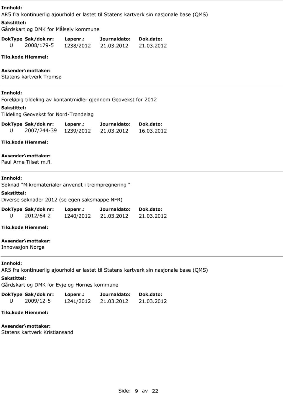 Søknad "Mikromaterialer anvendt i treimpregnering " Diverse søknader 2012 (se egen saksmappe NFR) 2012/64-2 1240/2012 nnovasjon Norge AR5 fra kontinuerlig