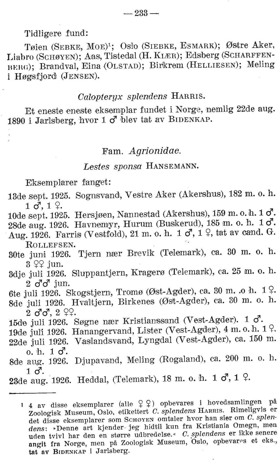 Et ensste,eaaste eksemplar fundet i Nlorge, nemlig 2%de aug. 1890 i Jalsiberg, hvor 1 8 lblev tat av BIDENKAP. Fam. Agrionidae. Lesfes sponsa HANSEMANN. 13de xept. 1925.