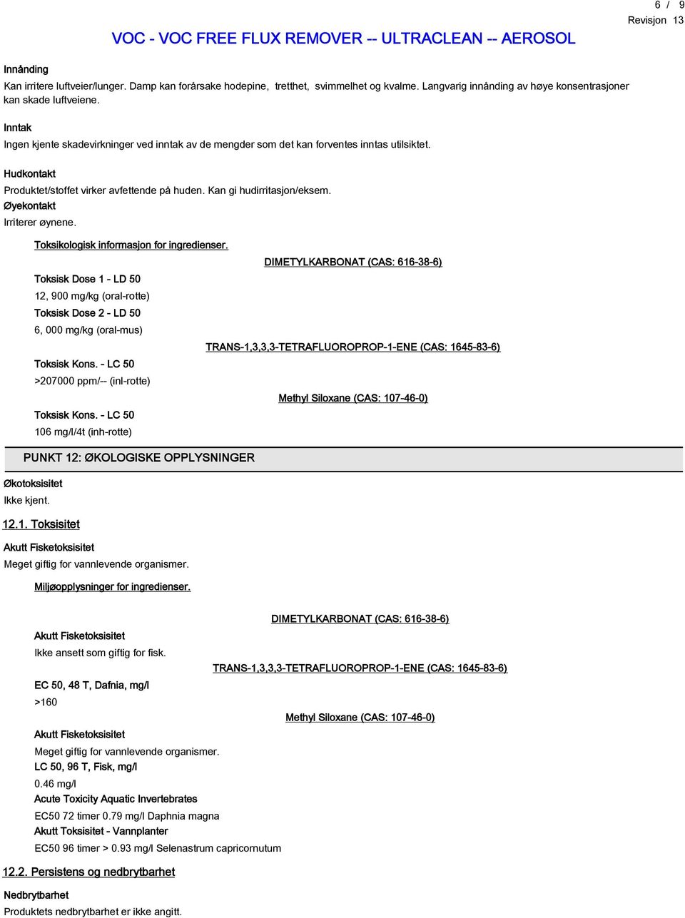 Øyekontakt Irriterer øynene. Toksikologisk informasjon for ingredienser.