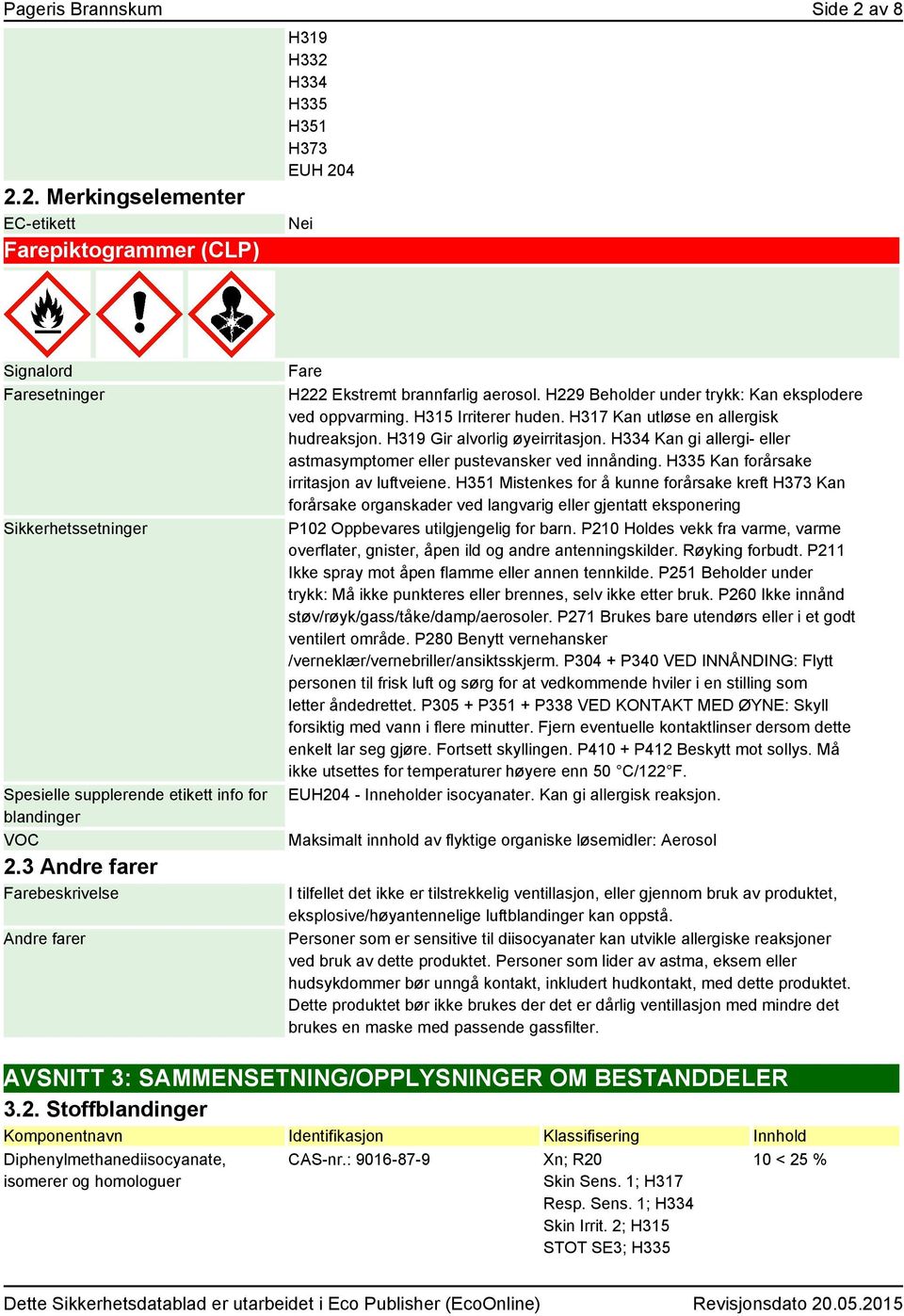 2. Merkingselementer EC-etikett Farepiktogrammer (CLP) H319 H332 H334 H335 H351 H373 EUH 204 Nei Signalord Faresetninger Sikkerhetssetninger Spesielle supplerende etikett info for blandinger VOC 2.