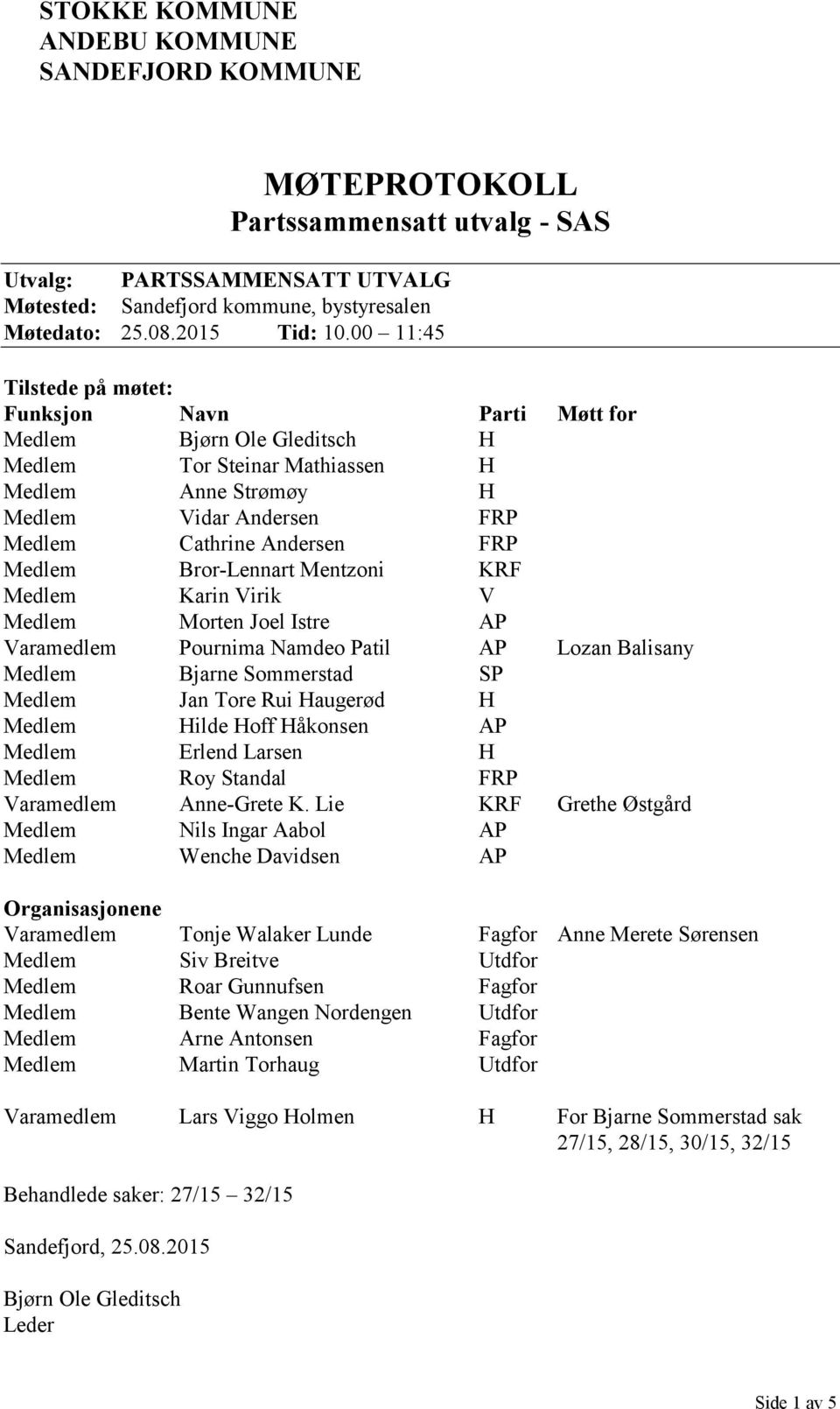 Medlem Bror-Lennart Mentzoni KRF Medlem Karin Virik V Medlem Morten Joel Istre AP Varamedlem Pournima Namdeo Patil AP Lozan Balisany Medlem Bjarne Sommerstad SP Medlem Jan Tore Rui Haugerød H Medlem