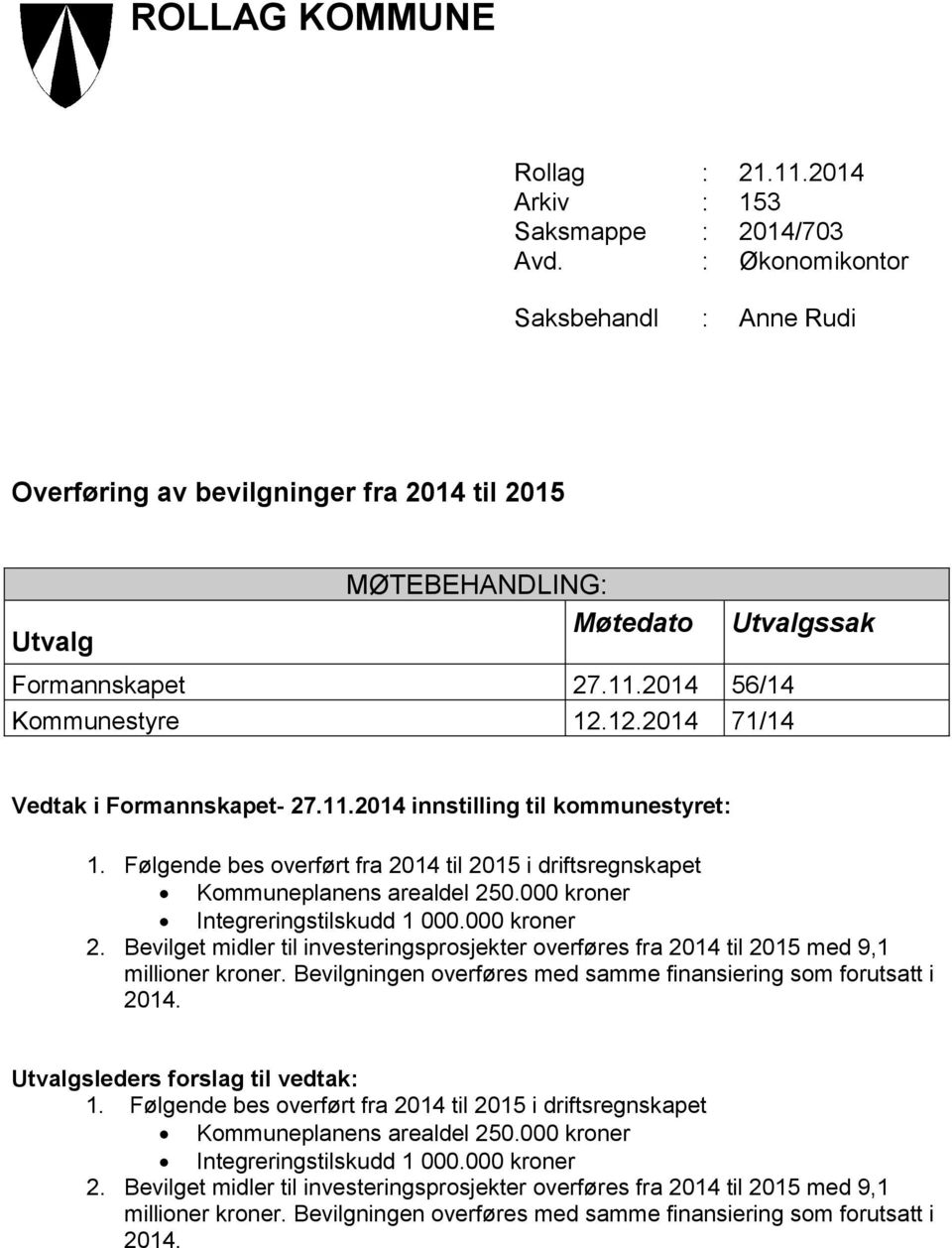 12.2014 71/14 Utvalgssak Vedtak i Formannskapet- 27.11.2014 innstilling til kommunestyret: 1. Følgende bes overført fra 2014 til 2015 i driftsregnskapet Kommuneplanens arealdel 250.