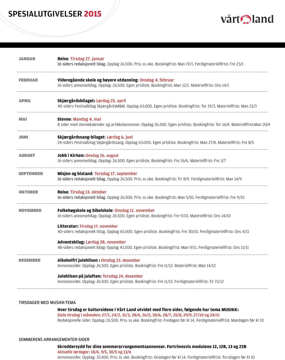 Materiellfrist: Ons 14/1 APRIL MAI JUNI AUGUST SEPTEMBER OKTOBER NOVEMBER Skjærgårdsbilaget: Lørdag 25. april 40-siders Festivalbilag SkjærgårdsM&M. Opplag 63.000. Egen prisliste.