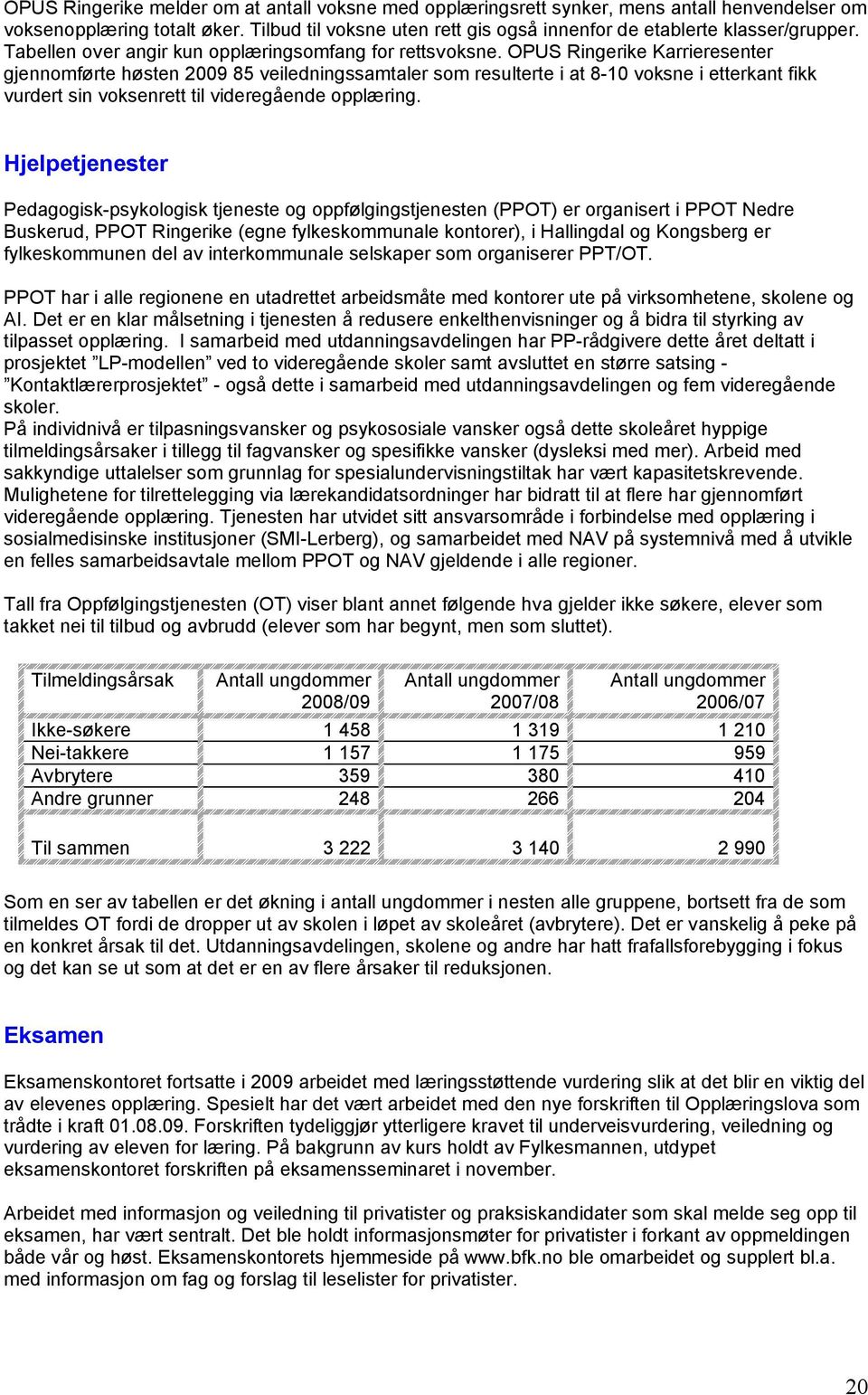 OPUS Ringerike Karrieresenter gjennomførte høsten 2009 85 veiledningssamtaler som resulterte i at 8-10 voksne i etterkant fikk vurdert sin voksenrett til videregående opplæring.