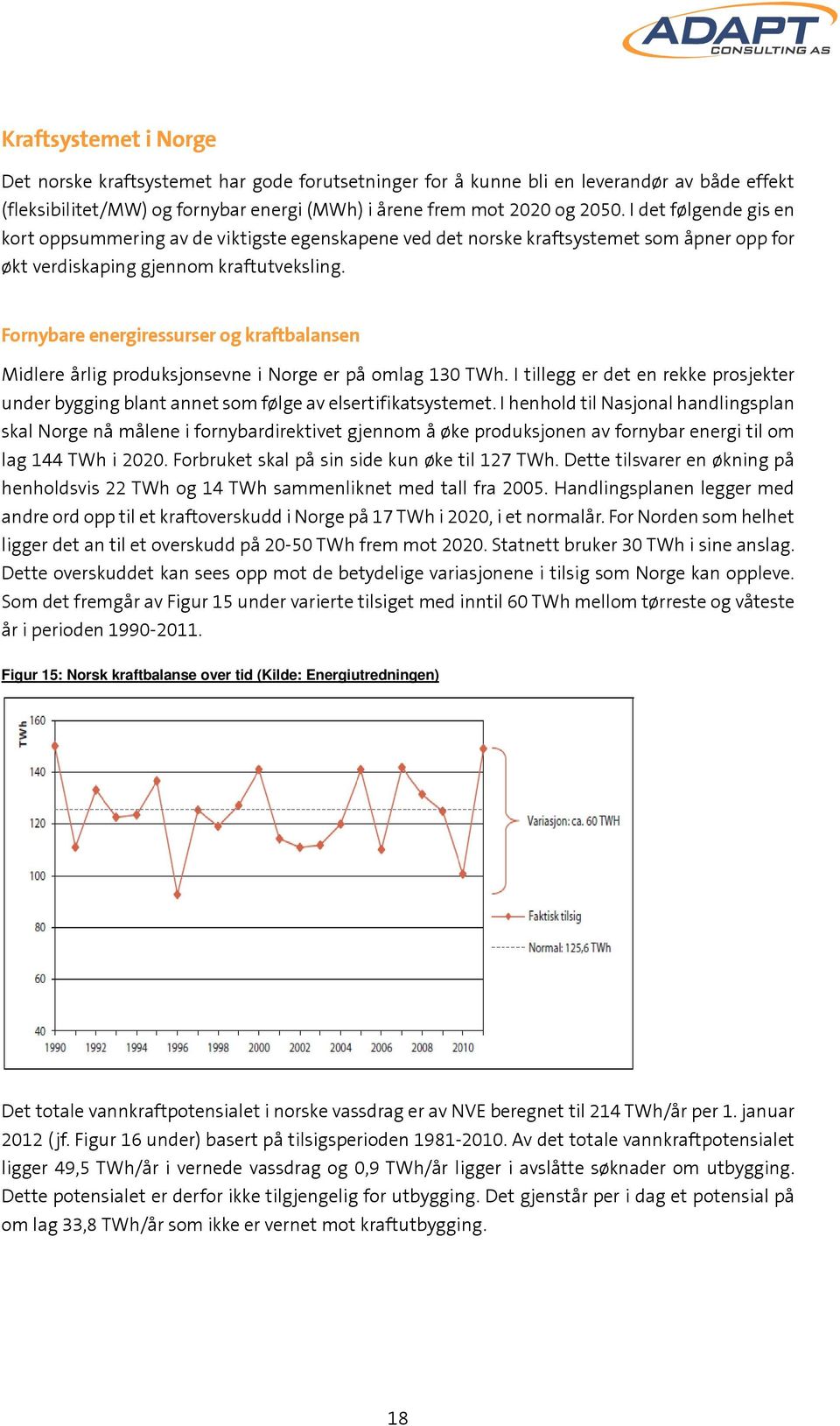 Fornybare energiressurser og kraftbalansen Midlere årlig produksjonsevne i Norge er på omlag 130 TWh. I tillegg er det en rekke prosjekter under bygging blant annet som følge av elsertifikatsystemet.