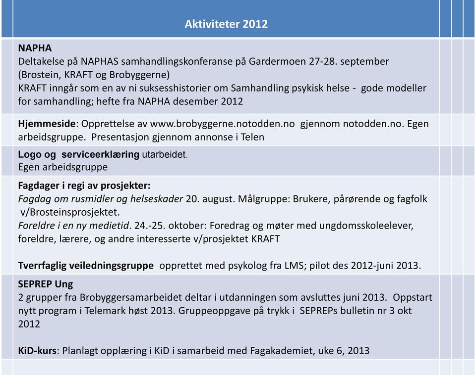 Opprettelse av www.brobyggerne.notodden.no gjennom notodden.no. Egen arbeidsgruppe. Presentasjon gjennom annonse i Telen Logo og serviceerklæring utarbeidet.