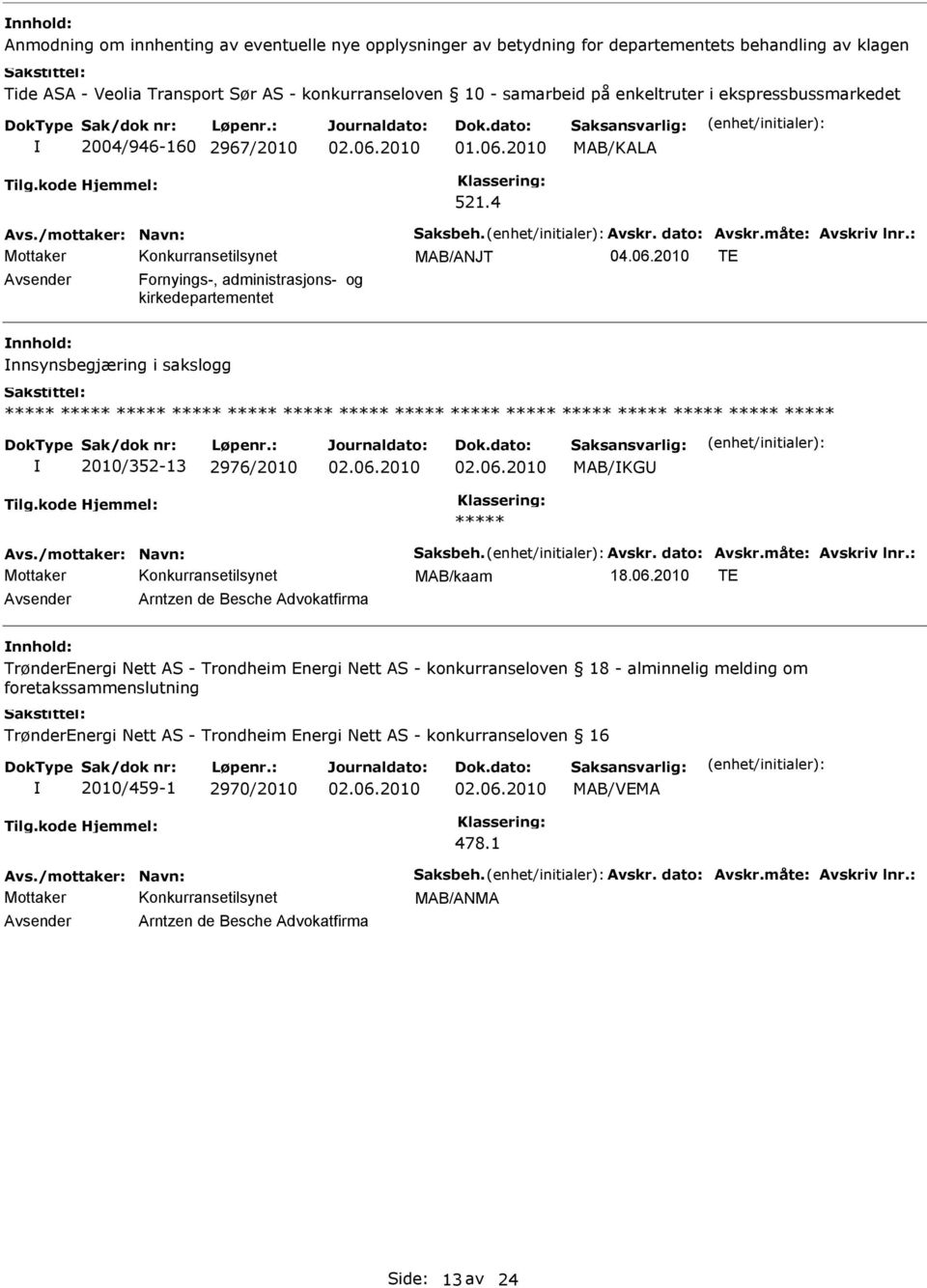 4 MAB/ANJT TE Avsender Fornyings-, administrasjons- og kirkedepartementet nnhold: nnsynsbegjæring i sakslogg 2010/352-13 2976/2010 MAB/KG MAB/kaam 18.06.