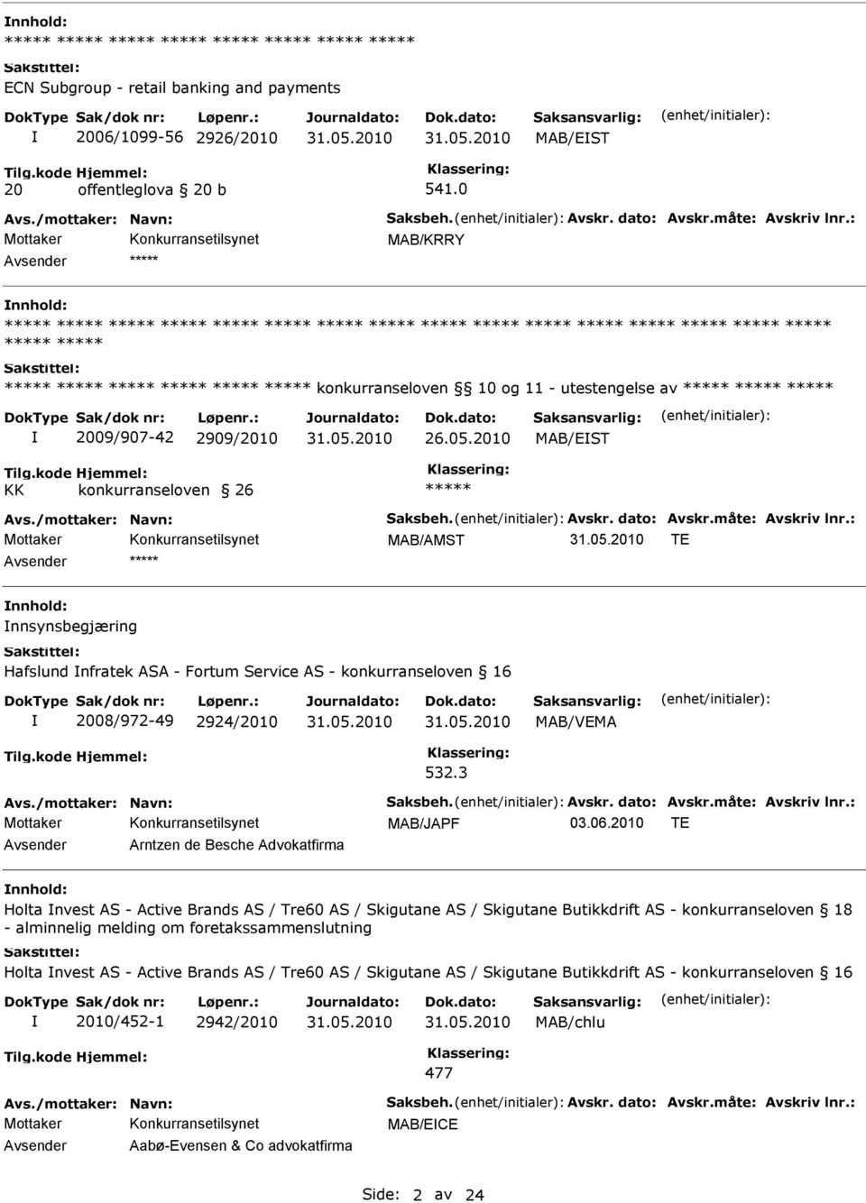 2010 MAB/EST KK konkurranseloven 26 MAB/AMST TE Avsender nnhold: nnsynsbegjæring Hafslund nfratek ASA - Fortum Service AS - konkurranseloven 16 2008/972-49 2924/2010 532.