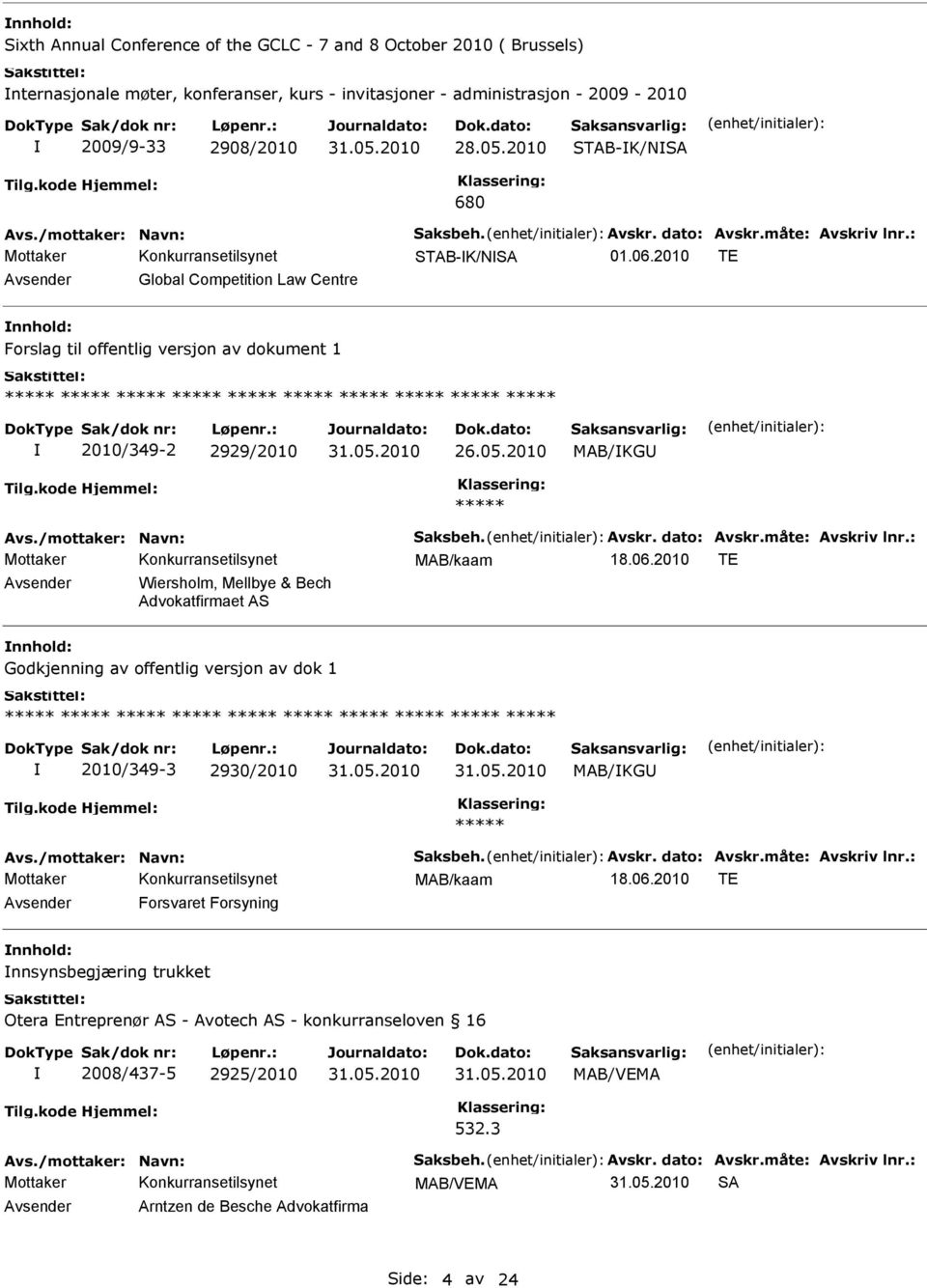 06.2010 TE Avsender Wiersholm, Mellbye & Bech Advokatfirmaet AS nnhold: Godkjenning av offentlig versjon av dok 1 2010/349-3 2930/2010 MAB/KG MAB/kaam 18.06.2010 TE Avsender Forsvaret Forsyning nnhold: nnsynsbegjæring trukket Otera Entreprenør AS - Avotech AS - konkurranseloven 16 2008/437-5 2925/2010 532.