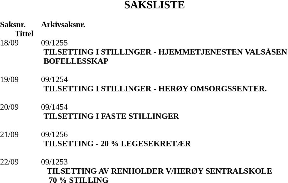 19/09 09/1254 TILSETTING I STILLINGER - HERØY OMSORGSSENTER.
