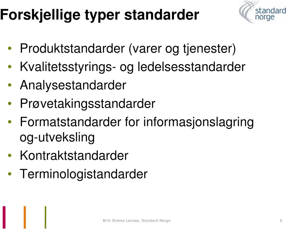 Prøvetakingsstandarder Formatstandarder for informasjonslagring