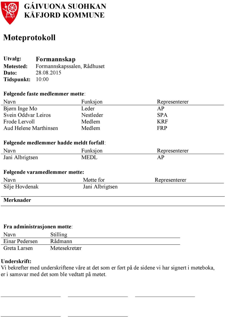 Medlem FRP Følgende medlemmer hadde meldt forfall: Navn Funksjon Representerer Jani Albrigtsen MEDL AP Følgende varamedlemmer møtte: Navn Møtte for Representerer Silje Hovdenak Jani