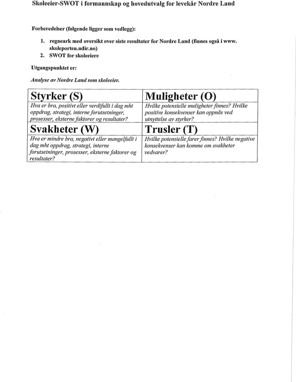 Styrker (S) Muligheter (0) Hva er bra, positivt eller verdifullt i dag mht oppdrag, strategi, interne forutsetninger, prosesser, eksterne faktorer og resultater?