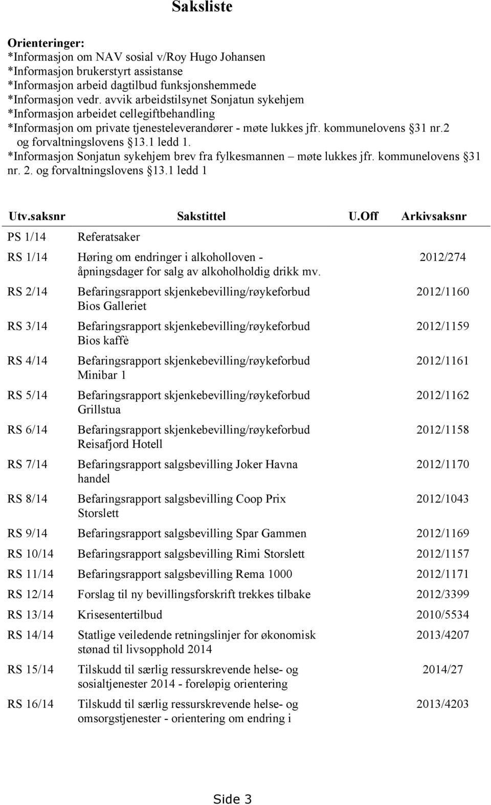 1 ledd 1. *Informasjon Sonjatun sykehjem brev fra fylkesmannen møte lukkes jfr. kommunelovens 31 nr. 2. og forvaltningslovens 13.1 ledd 1 Utv.saksnr Sakstittel U.