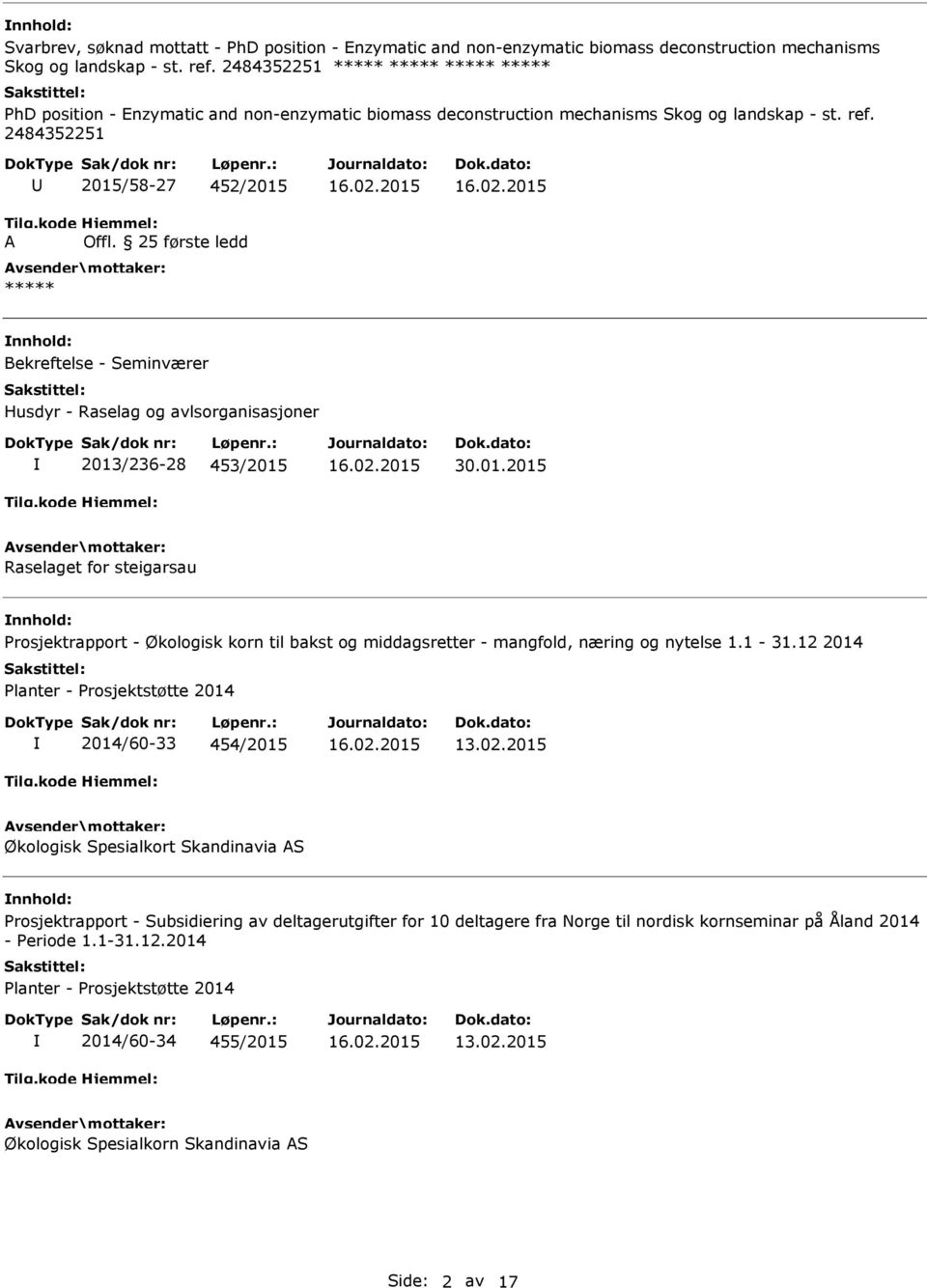 2484352251 2015/58-27 452/2015 Bekreftelse - Seminværer Husdyr - Raselag og avlsorganisasjoner 2013/236-28 453/2015 30.01.2015 Raselaget for steigarsau Prosjektrapport - Økologisk korn til bakst og middagsretter - mangfold, næring og nytelse 1.