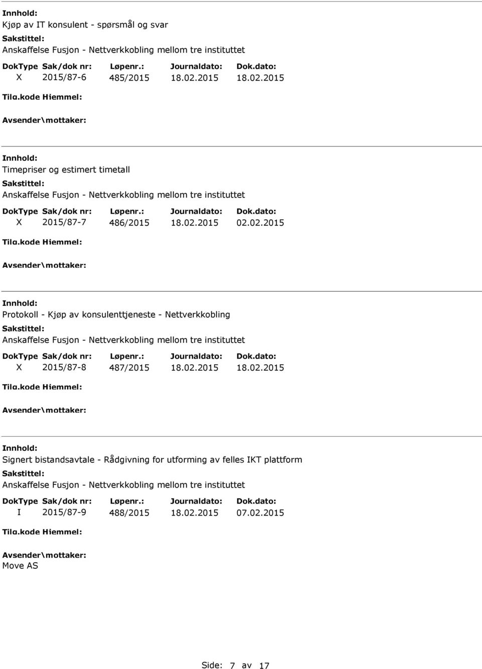 02.2015 Protokoll - Kjøp av konsulenttjeneste - Nettverkkobling nskaffelse Fusjon - Nettverkkobling mellom tre instituttet X 2015/87-8