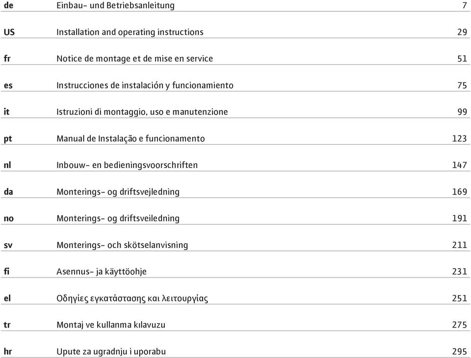 bedieningsvoorschriften 147 da Monterings- og driftsvejledning 169 no Monterings- og driftsveiledning 191 sv Monterings- och skötselanvisning