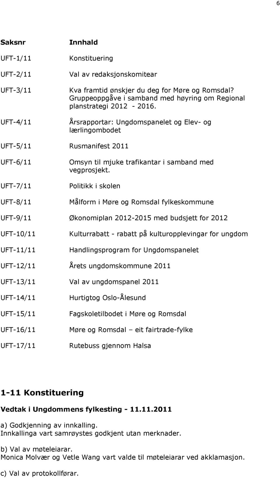 Årsrapportar: Ungdomspanelet og Elev- og lærlingombodet UFT-5/11 Rusmanifest 2011 UFT-6/11 UFT-7/11 UFT-8/11 Omsyn til mjuke trafikantar i samband med vegprosjekt.