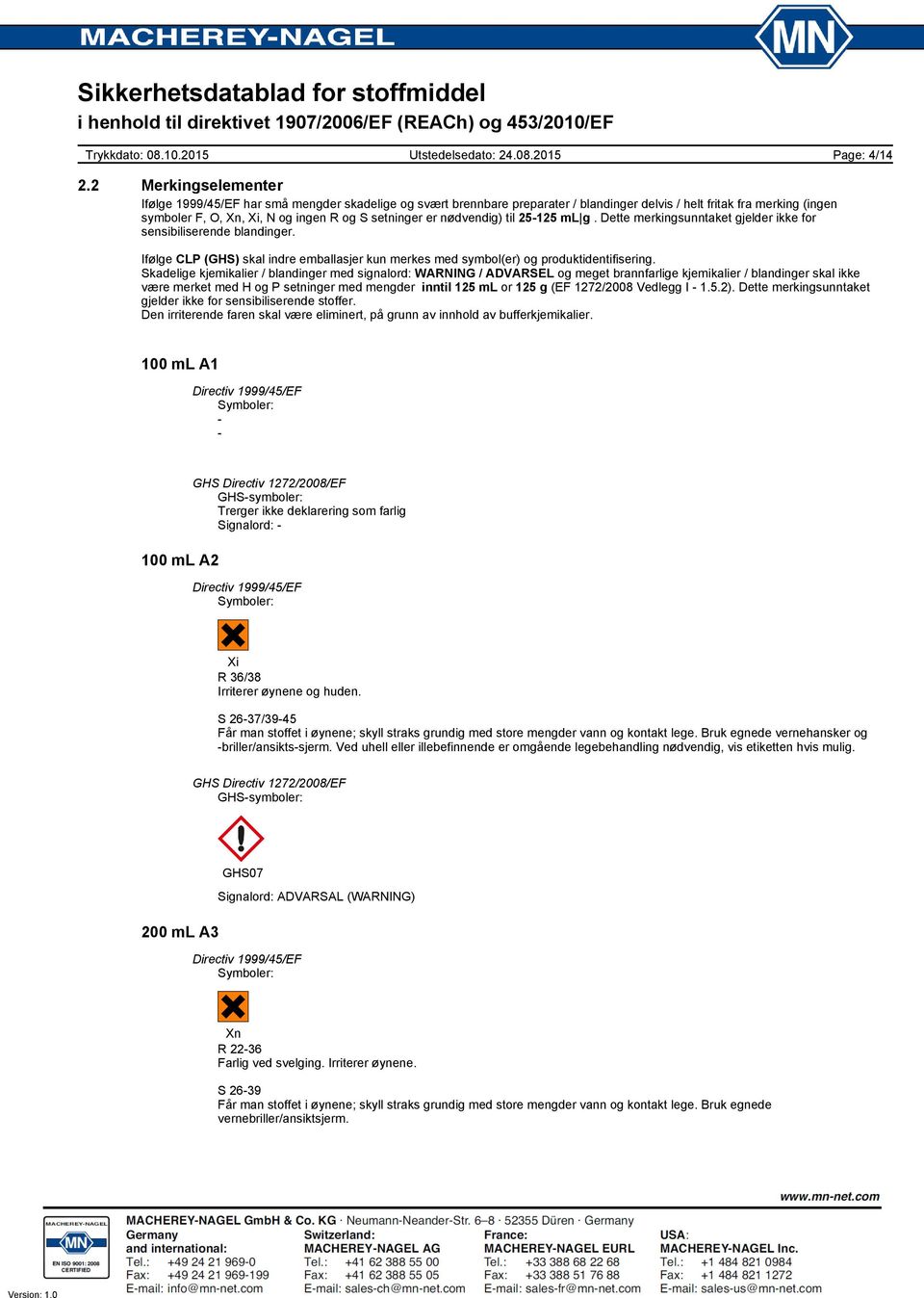 er nødvendig) til 25125 ml g. Dette merkingsunntaket gjelder ikke for sensibiliserende blandinger. Ifølge CLP (GHS) skal indre emballasjer kun merkes med symbol(er) og produktidentifisering.