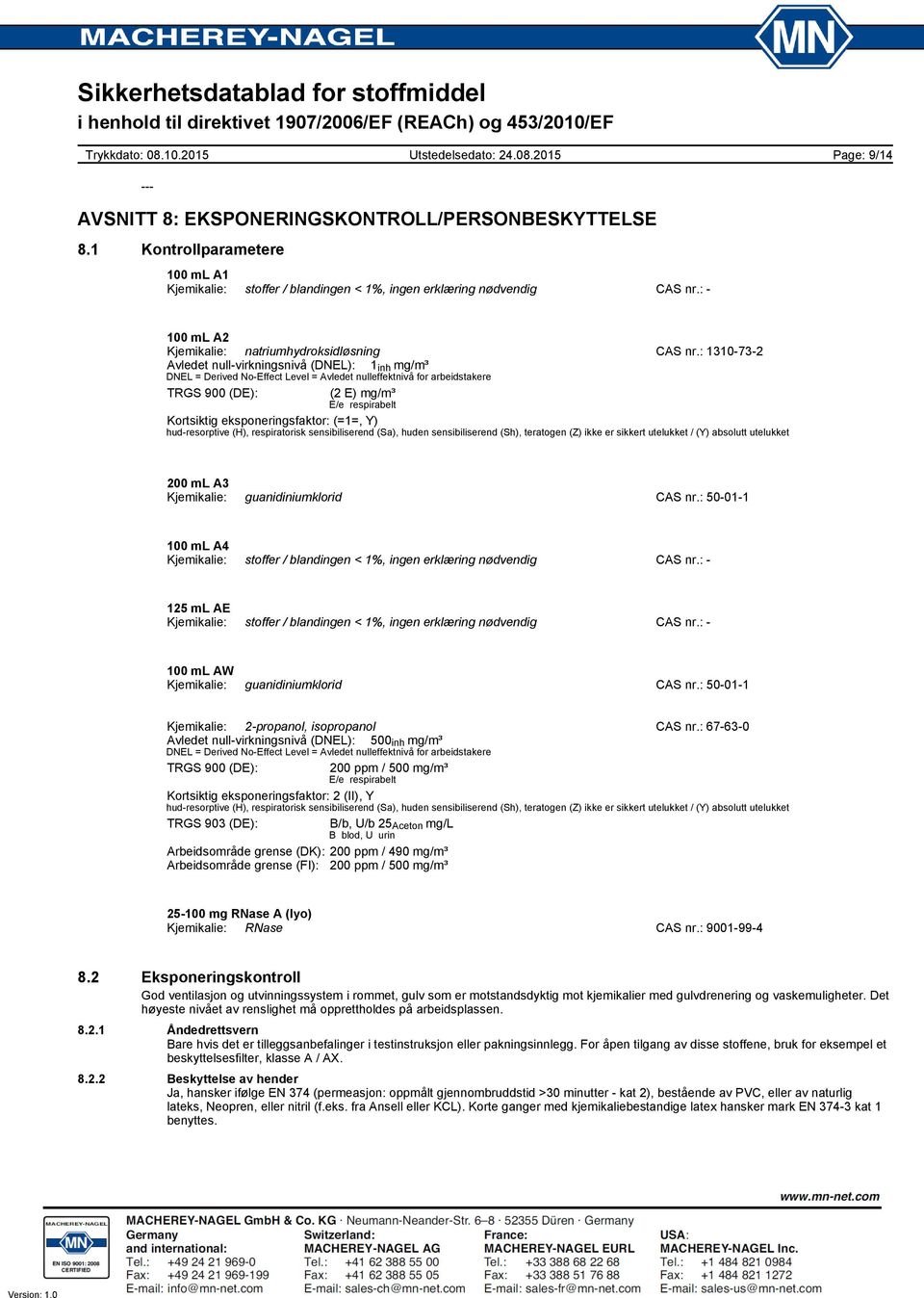 : 1310732 Avledet nullvirkningsnivå (DNEL): 1 inh mg/m³ DNEL = Derived NoEffect Level = Avledet nulleffektnivå for arbeidstakere TRGS 900 (DE): (2 E) mg/m³ E/e respirabelt Kortsiktig