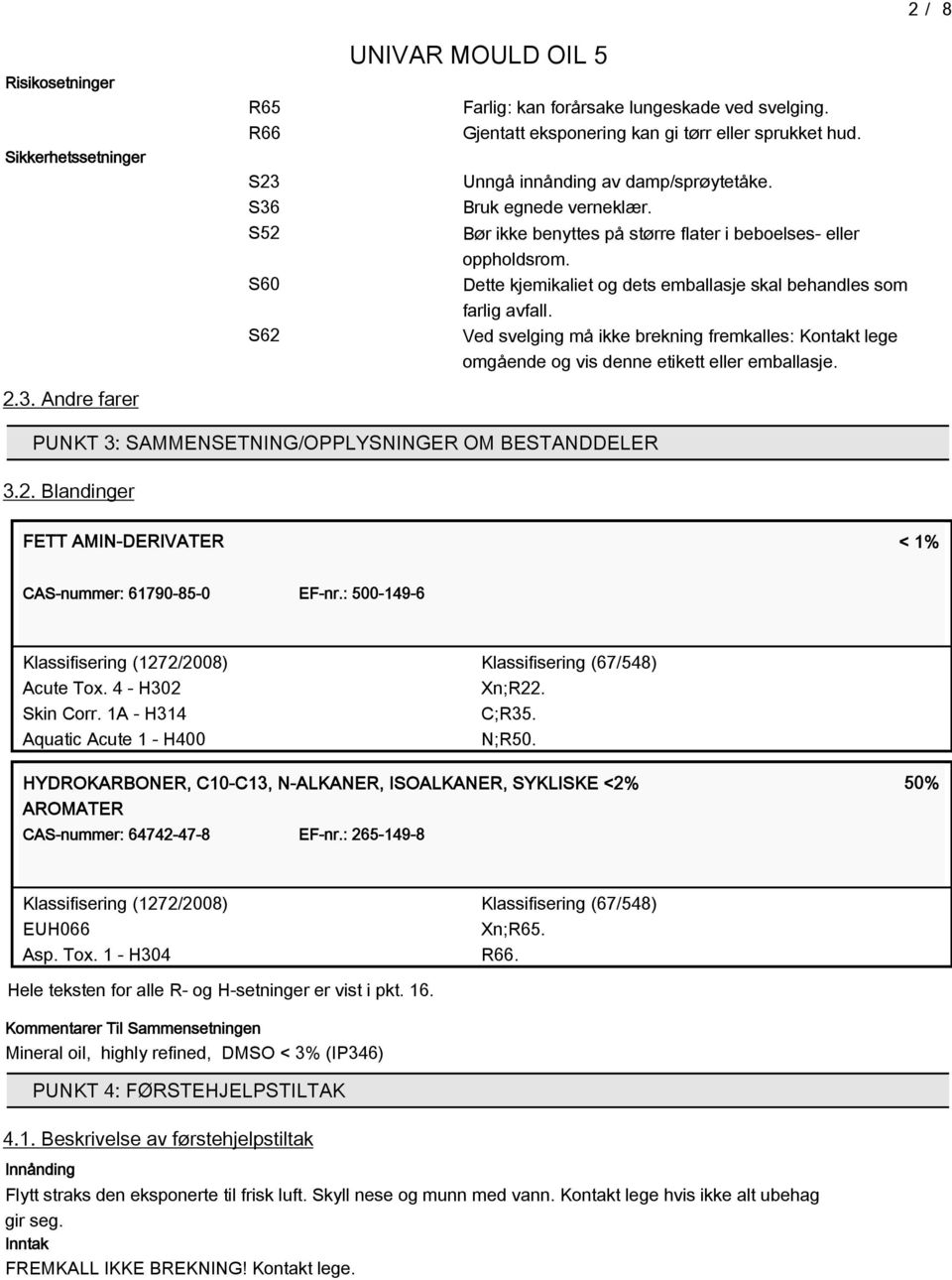 Ved svelging må ikke brekning fremkalles: Kontakt lege omgående og vis denne etikett eller emballasje. PUNKT 3: SAMMENSETNING/OPPLYSNINGER OM BESTANDDELER 3.2.