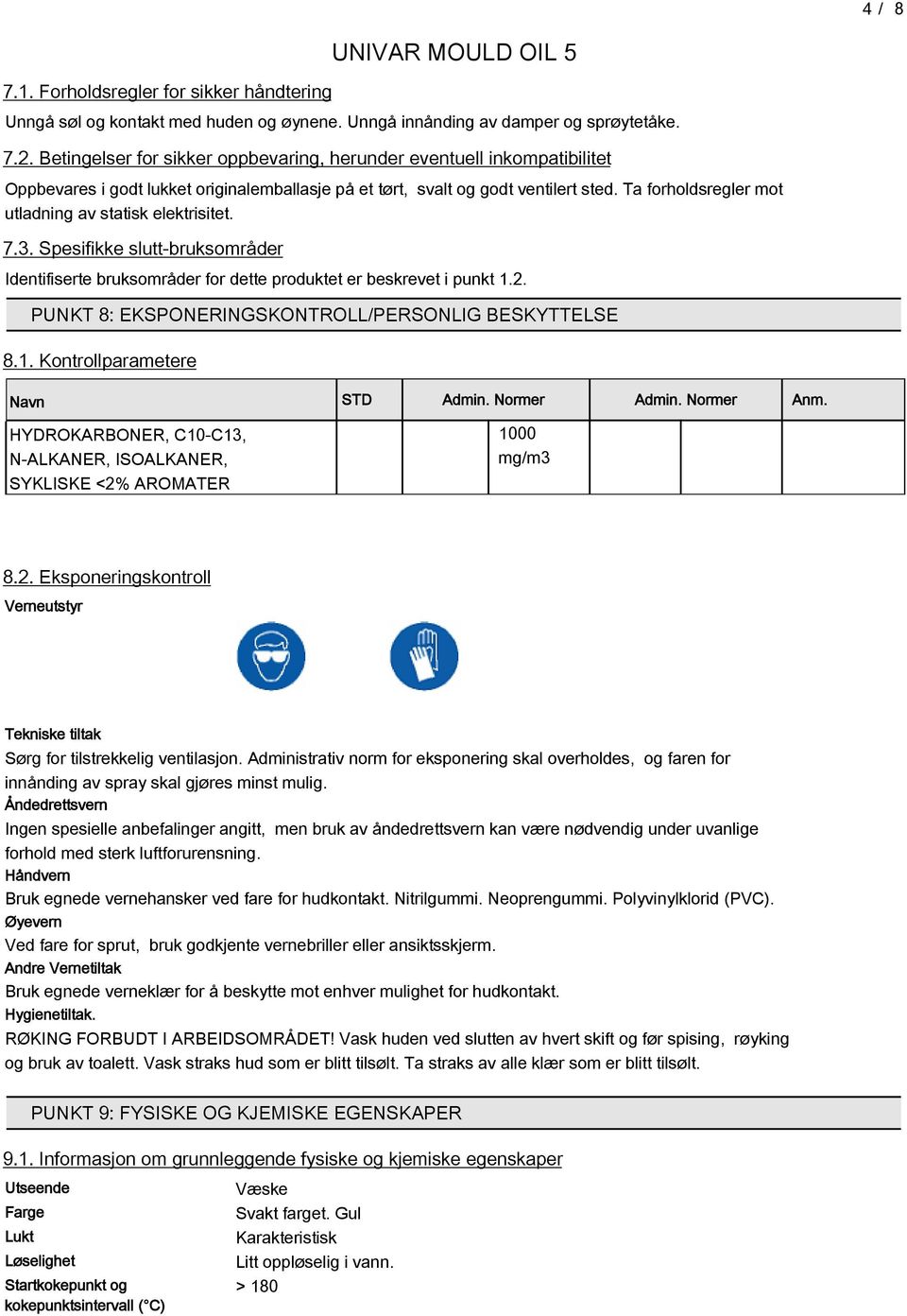 Ta forholdsregler mot utladning av statisk elektrisitet. 7.3. Spesifikke slutt-bruksområder Identifiserte bruksområder for dette produktet er beskrevet i punkt 1.2.