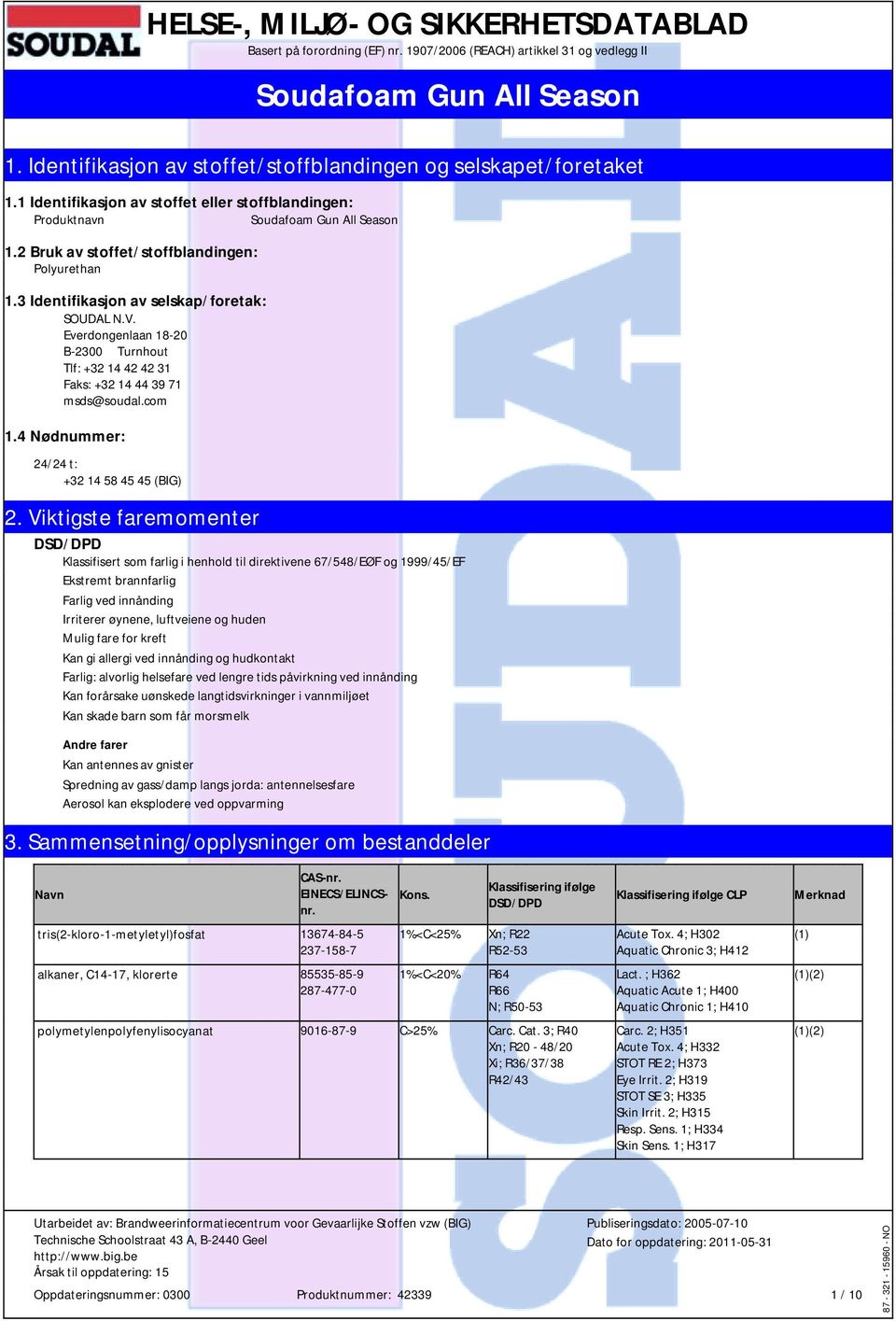 2 Bruk av stoffet/stoffblandingen: Polyurethan 1.3 Identifikasjon av selskap/foretak: SOUDAL N.V. Everdongenlaan 18-20 B-2300 Turnhout Tlf: +32 14 42 42 31 Faks: +32 14 44 39 71 msds@soudal.com 1.