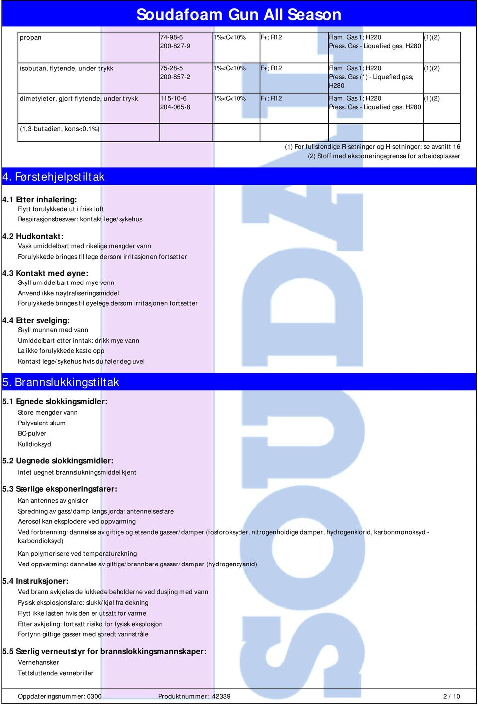 Gas - Liquefied gas; H280 (1,3-butadien, kons<0.1%) (1) For fullstendige R-setninger og H-setninger: se avsnitt 16 (2) Stoff med eksponeringsgrense for arbeidsplasser 4. Førstehjelpstiltak 4.