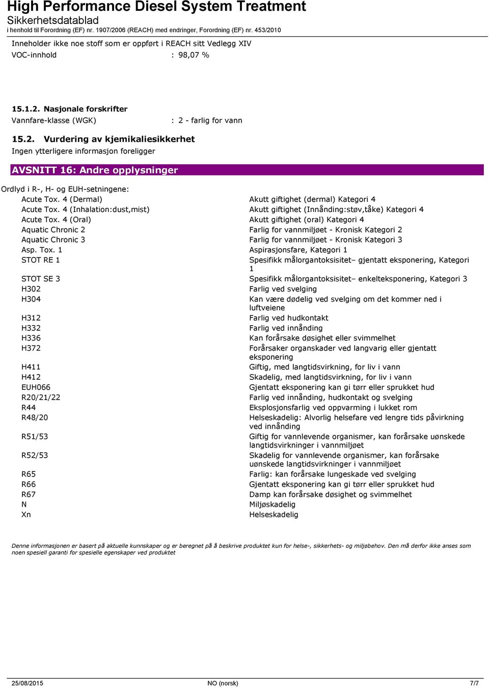 4 (Dermal) Akutt giftighet (dermal) Kategori 4 Acute Tox. 4 (Inhalation:dust,mist) Akutt giftighet (Innånding:støv,tåke) Kategori 4 Acute Tox.