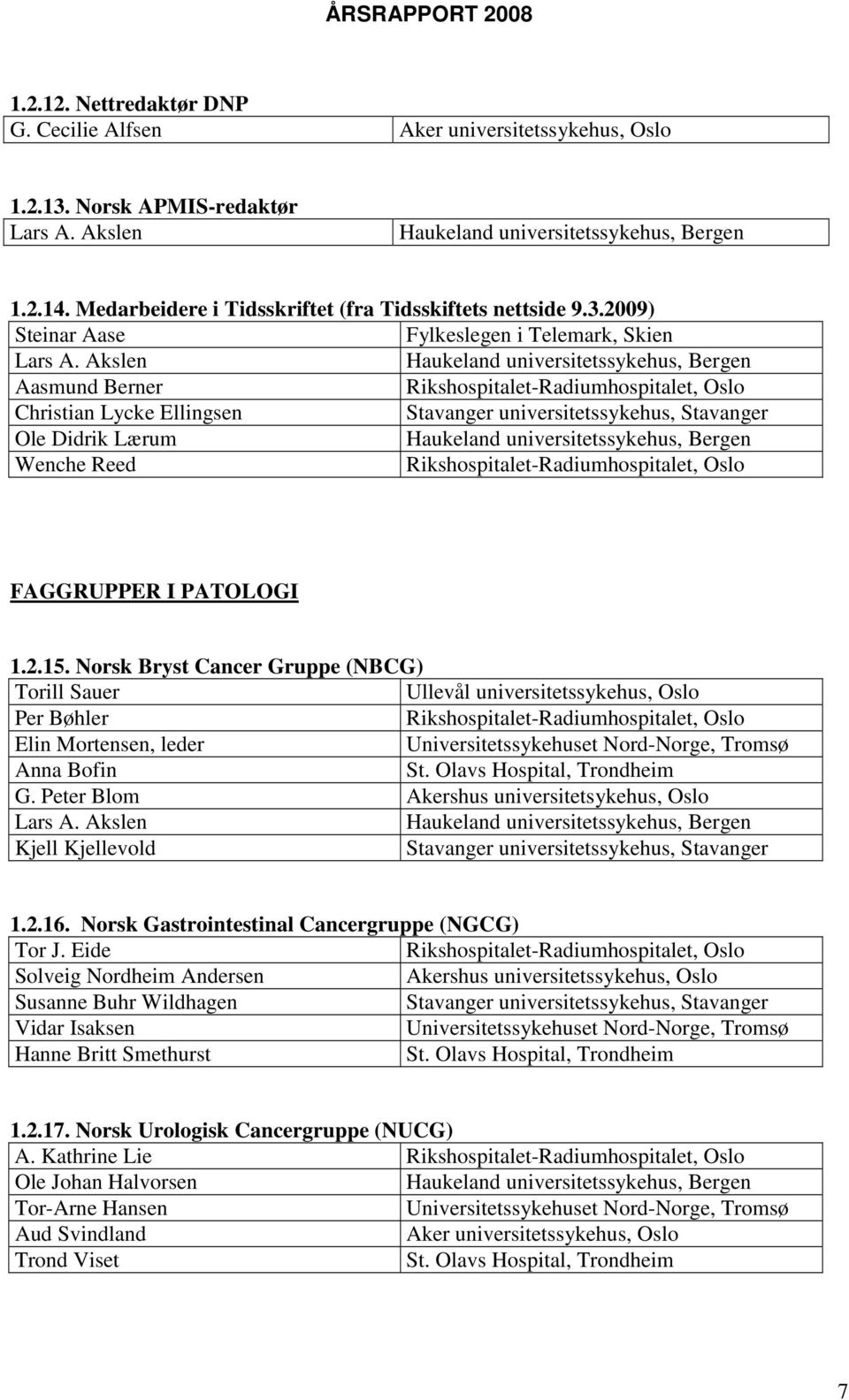 Akslen Haukeland universitetssykehus, Bergen Aasmund Berner Rikshospitalet-Radiumhospitalet, Oslo Christian Lycke Ellingsen Stavanger universitetssykehus, Stavanger Ole Didrik Lærum Haukeland