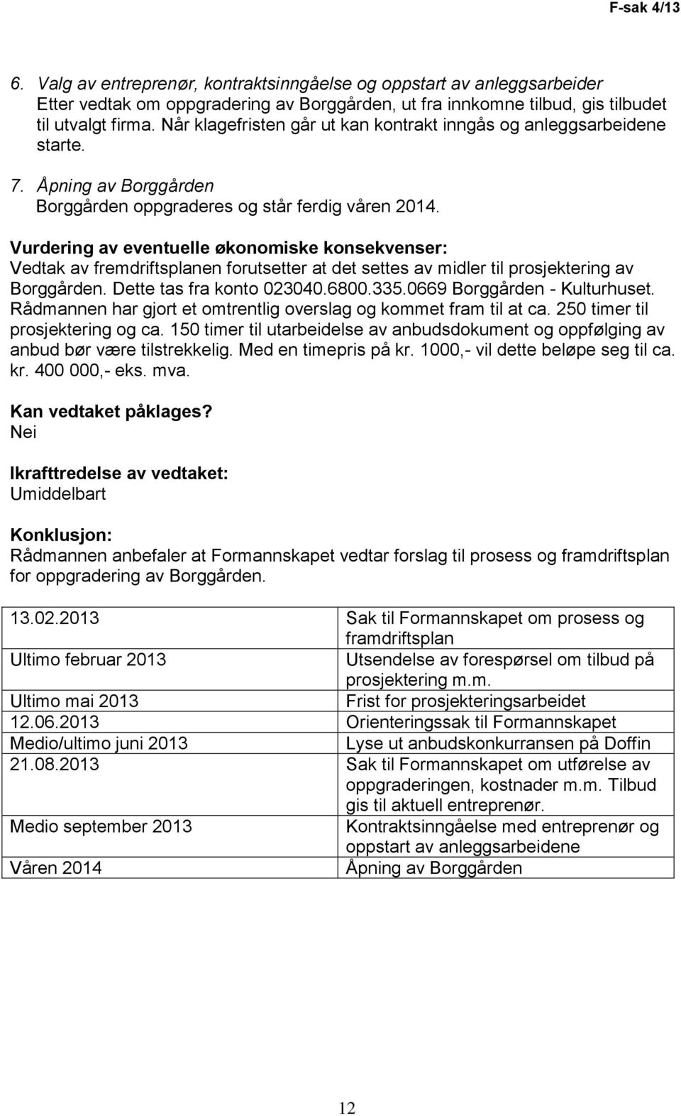 Vurdering av eventuelle økonomiske konsekvenser: Vedtak av fremdriftsplanen forutsetter at det settes av midler til prosjektering av Borggården. Dette tas fra konto 023040.6800.335.