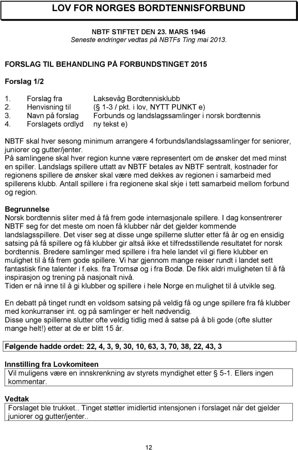 Forslagets ordlyd ny tekst e) NBTF skal hver sesong minimum arrangere 4 forbunds/landslagssamlinger for seniorer, juniorer og gutter/jenter.