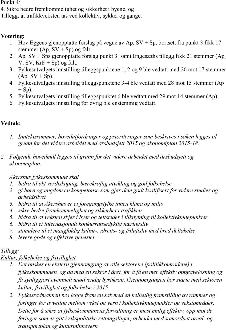 Ap, SV + Sps gjenopptatte forslag punkt 3, samt Engesæths tillegg fikk 21 stemmer (Ap, V, SV, KrF + Sp) og falt. 3. Fylkesutvalgets innstilling tilleggspunktene 1, 2 og 9 ble vedtatt med 26 mot 17 stemmer (Ap, SV + Sp).