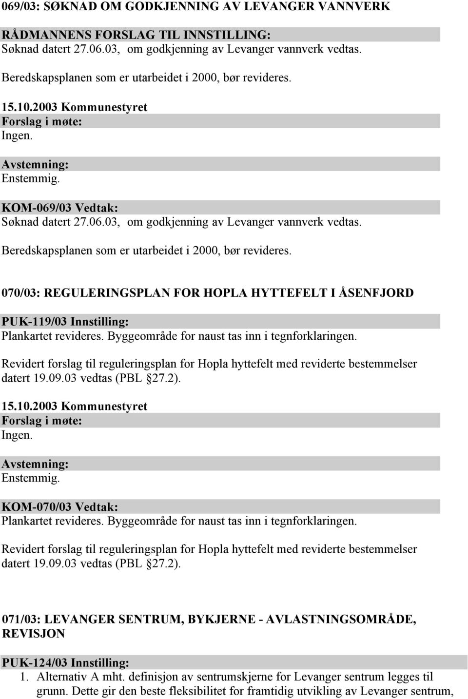 Beredskapsplanen som er utarbeidet i 2000, bør revideres. 070/03: REGULERINGSPLAN FOR HOPLA HYTTEFELT I ÅSENFJORD PUK-119/03 Innstilling: Plankartet revideres.