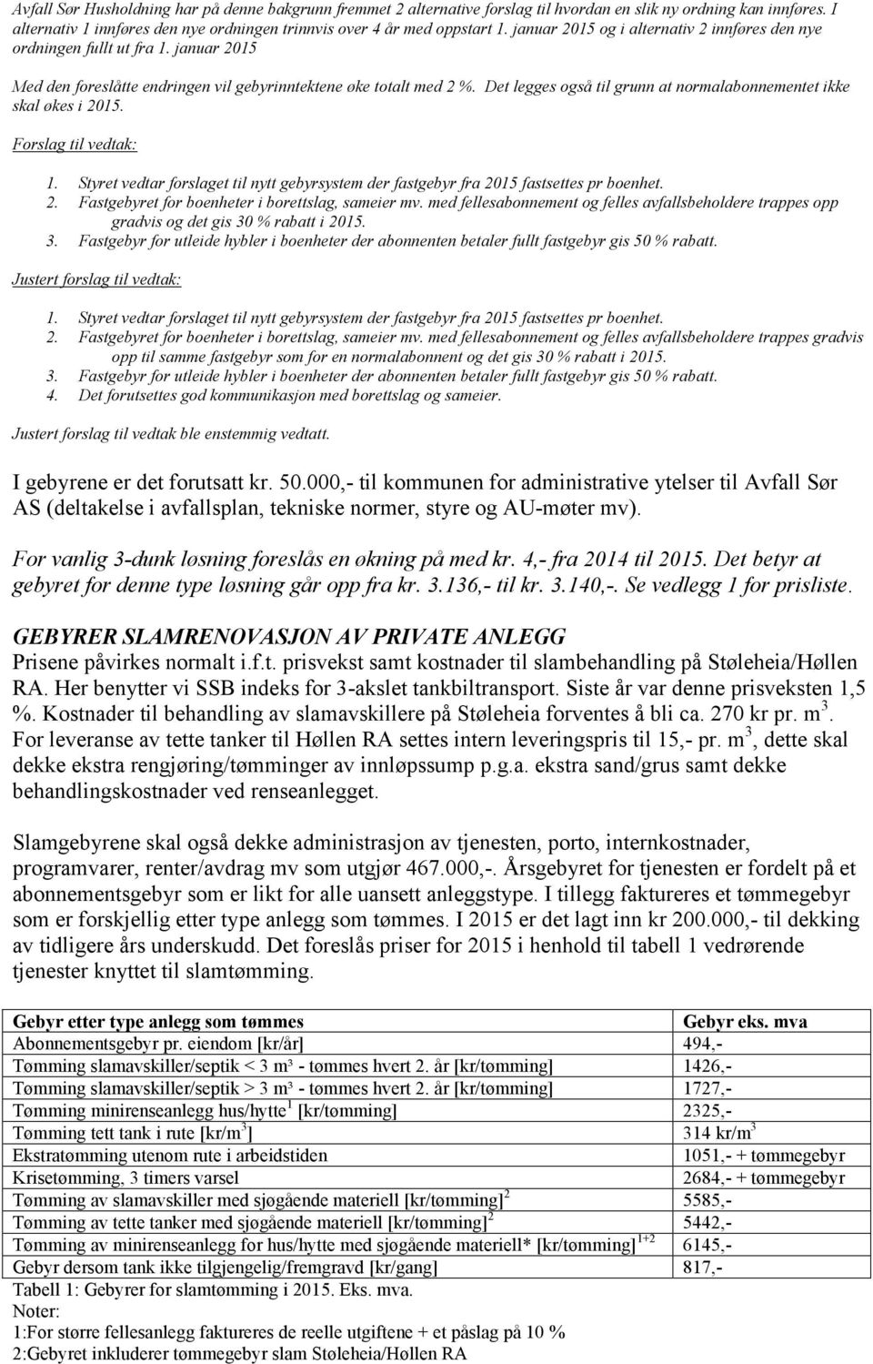 Det legges også til grunn at normalabonnementet ikke skal økes i 2015. Forslag til vedtak: 1. Styret vedtar forslaget til nytt gebyrsystem der fastgebyr fra 2015 fastsettes pr boenhet. 2. Fastgebyret for boenheter i borettslag, sameier mv.