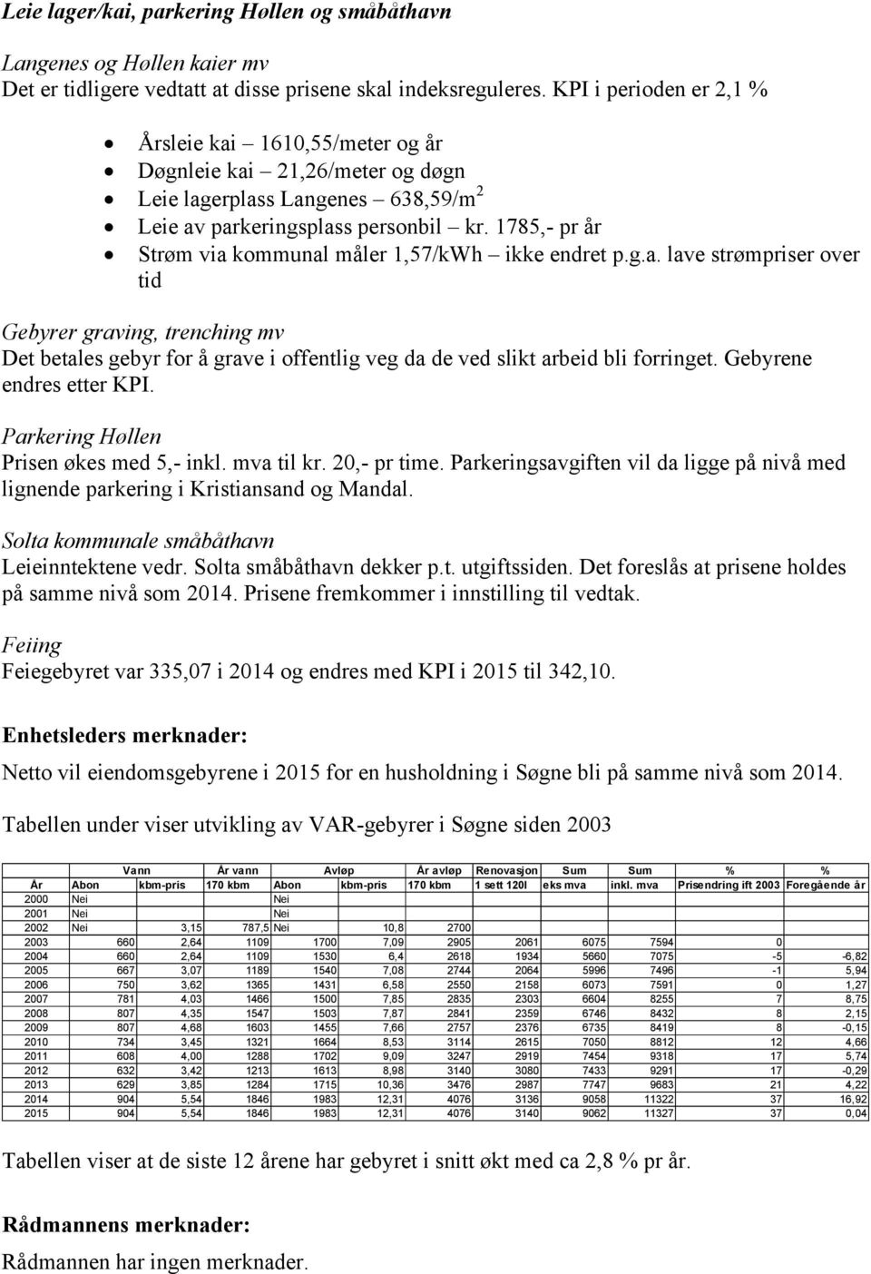 1785,- pr år Strøm via kommunal måler 1,57/kWh ikke endret p.g.a. lave strømpriser over tid Gebyrer graving, trenching mv Det betales gebyr for å grave i offentlig veg da de ved slikt arbeid bli forringet.